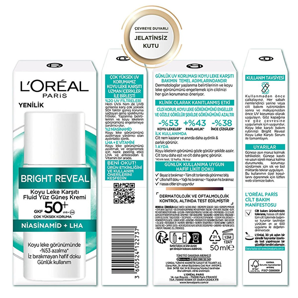L'Oreal Paris Bright Reveal SPF 50+ Anti-Dark Spot Face Sunscreen - Lightweight, Non-Greasy Daily UV Protection for Sensitive Skin