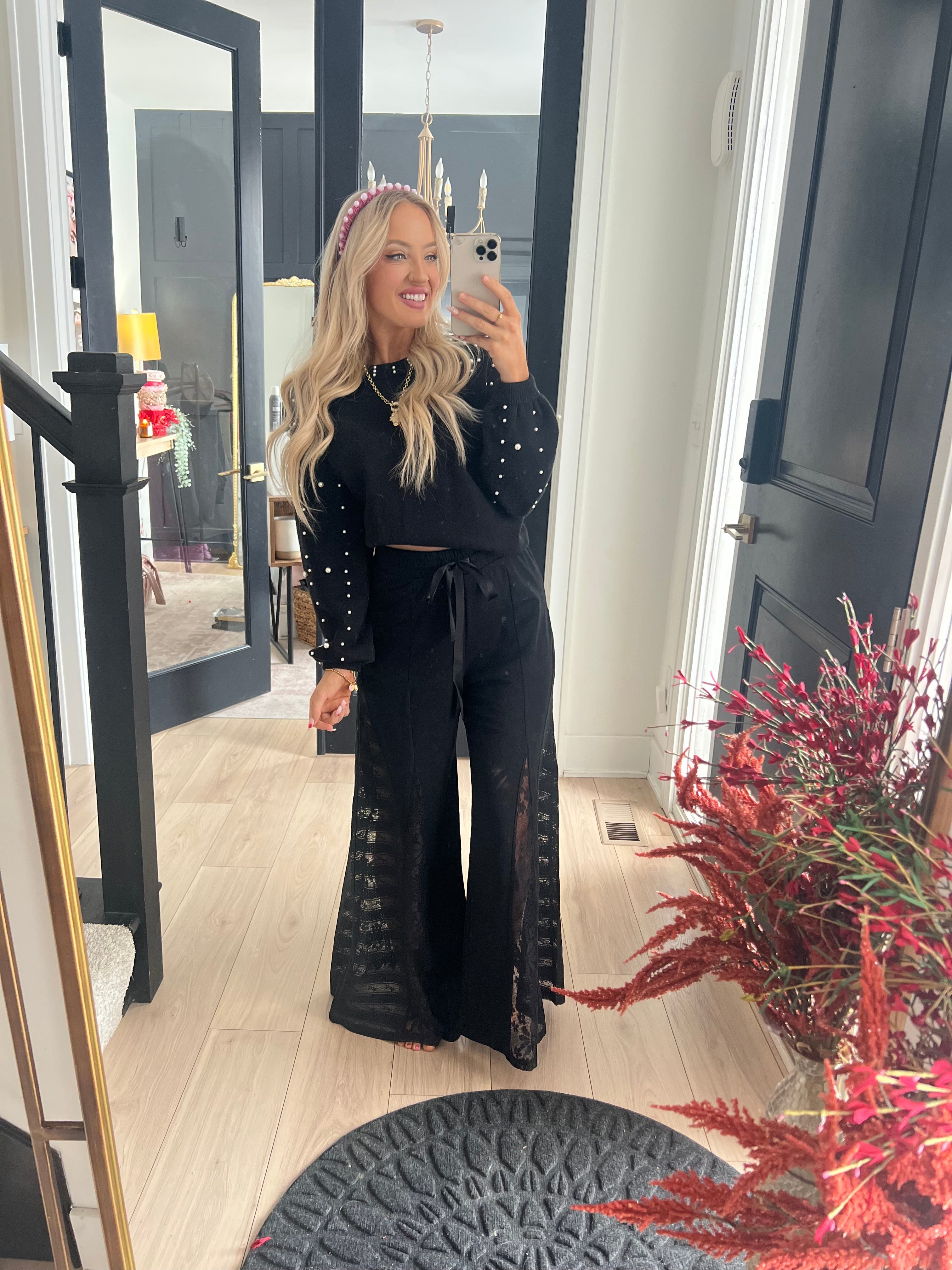 Pretty Little Patriot Pretty Little Patriot Wide Leg Black Lace Pants — Black detail