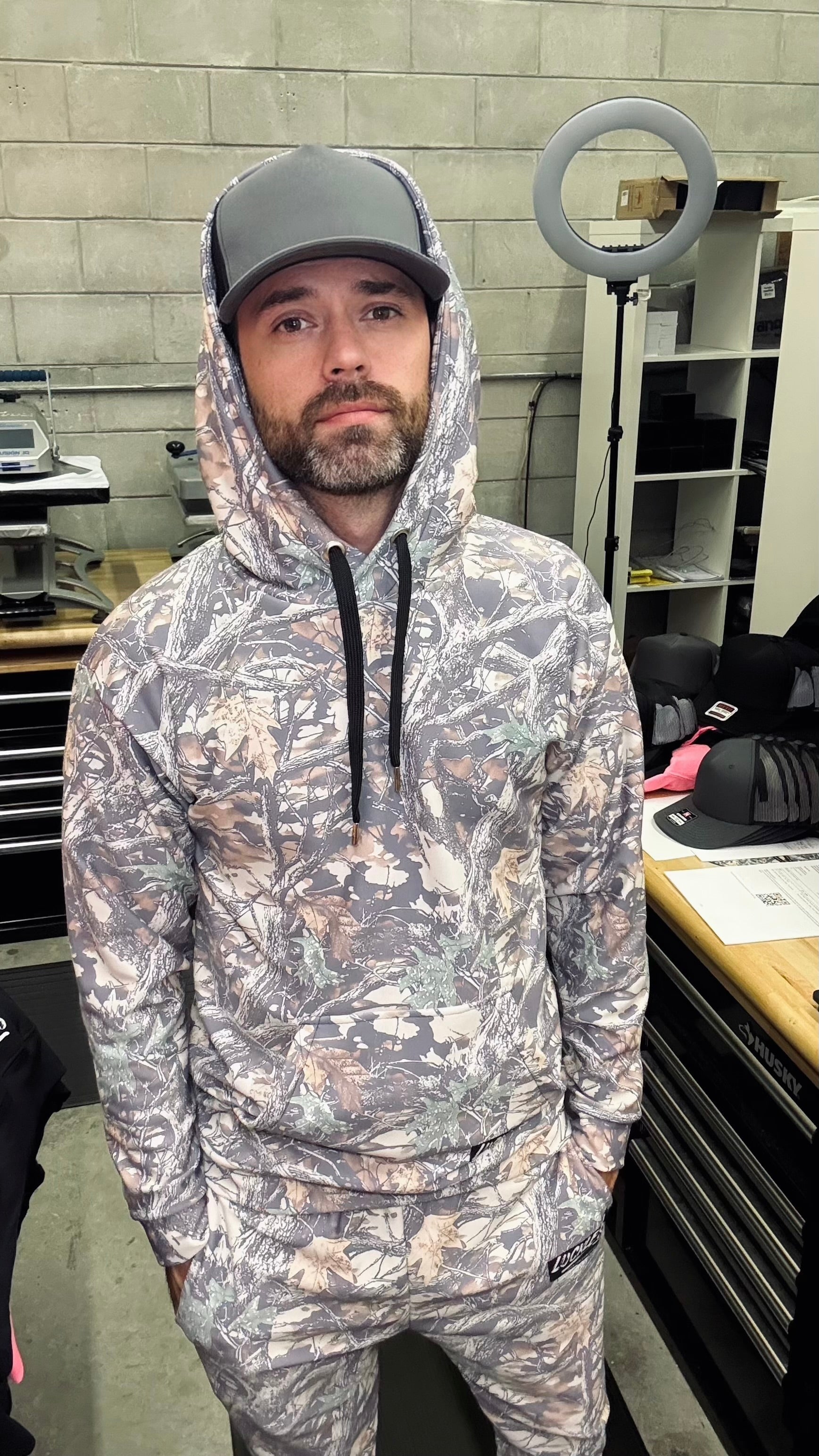 Luckless Outfitters Faded Camo Wide String Hoodie — lifestyle context