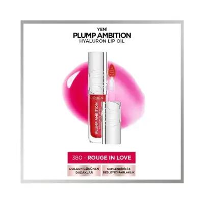 Loreal Paris Plump Ambition Hyaluron Lip Oil - 380 Rouge In Love, Hydrating Lip Care with Plumping Effect