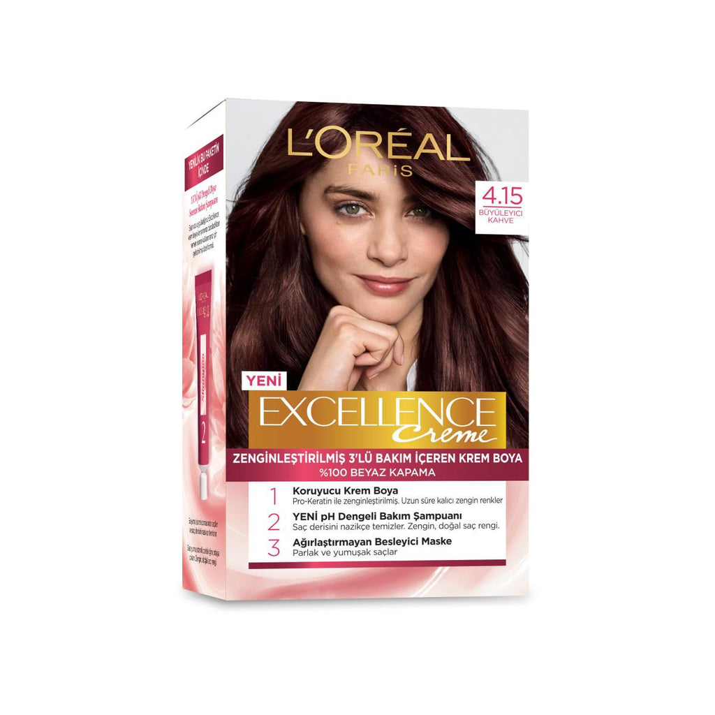 L'Oreal Paris Excellence Creme 4.15 Charming Coffee Hair Dye: 100% Grey Coverage, Long-Lasting Color & Keratin Protection