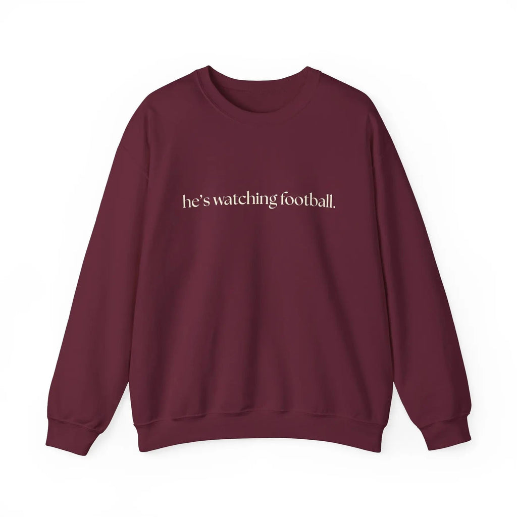 Pasimax He's Watching Football Crewneck – Funny Sports Fan Sweatshirt — in-use photo