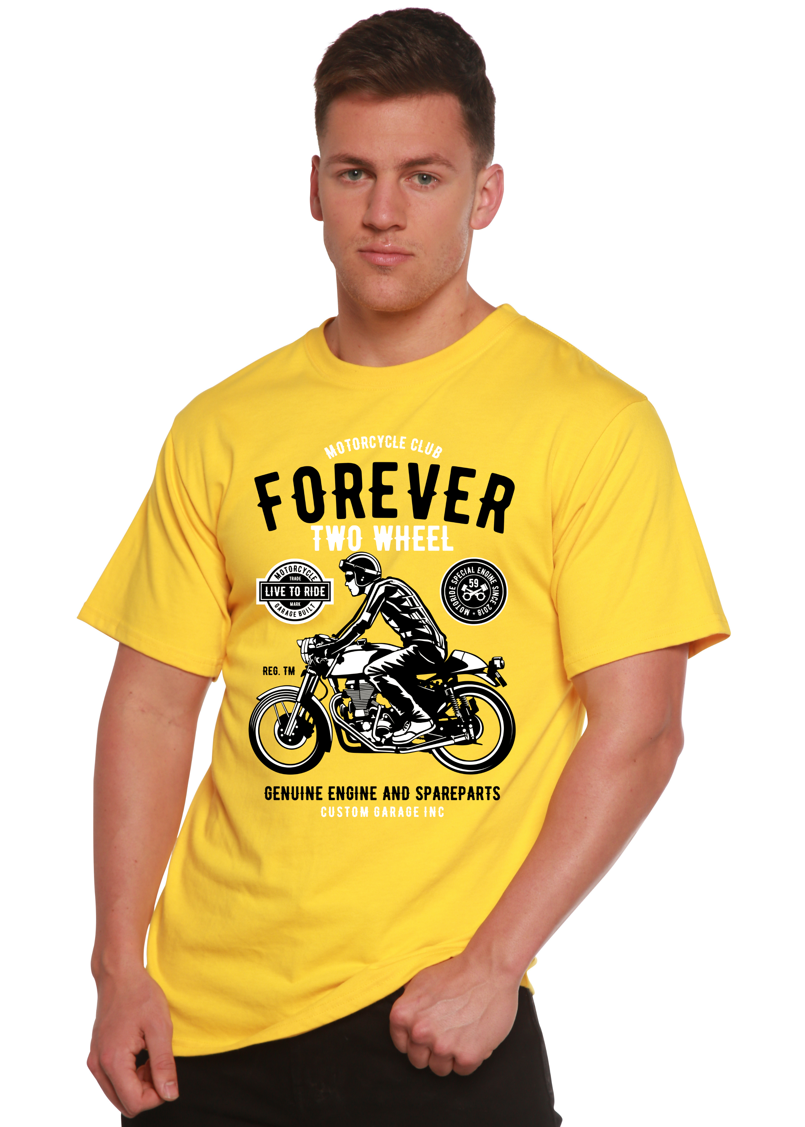 Spun Bamboo Forever Two Wheel Men's Bamboo Viscose/Organic Cotton Short Sleeve Graphic T-Shirt — in-use photo