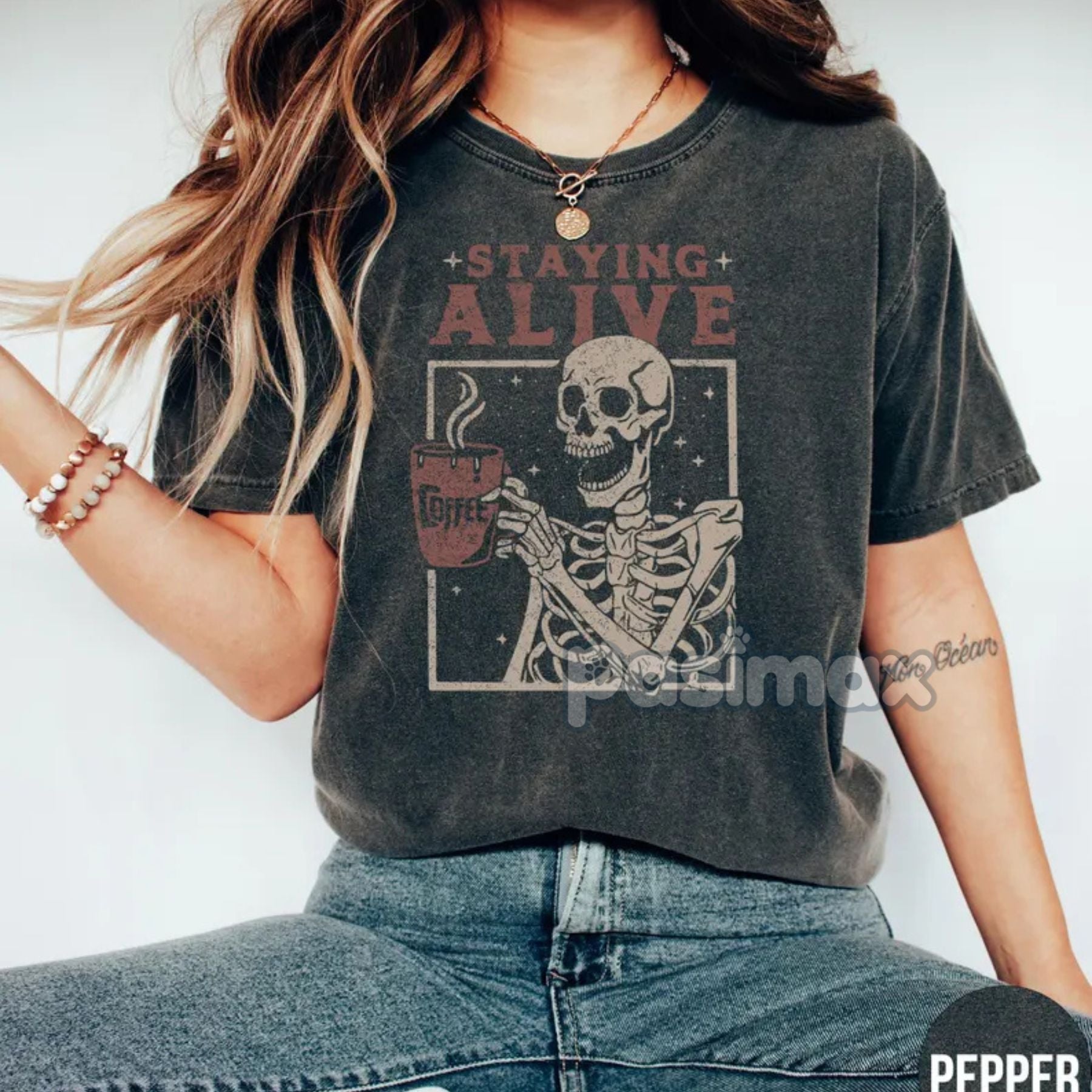 Pasimax 'Staying Alive' Coffee Shirt – Skeleton Retro T-shirt, Funny Coffee Lovers Gift, Daily Grind Tee, Women's Comfort Col