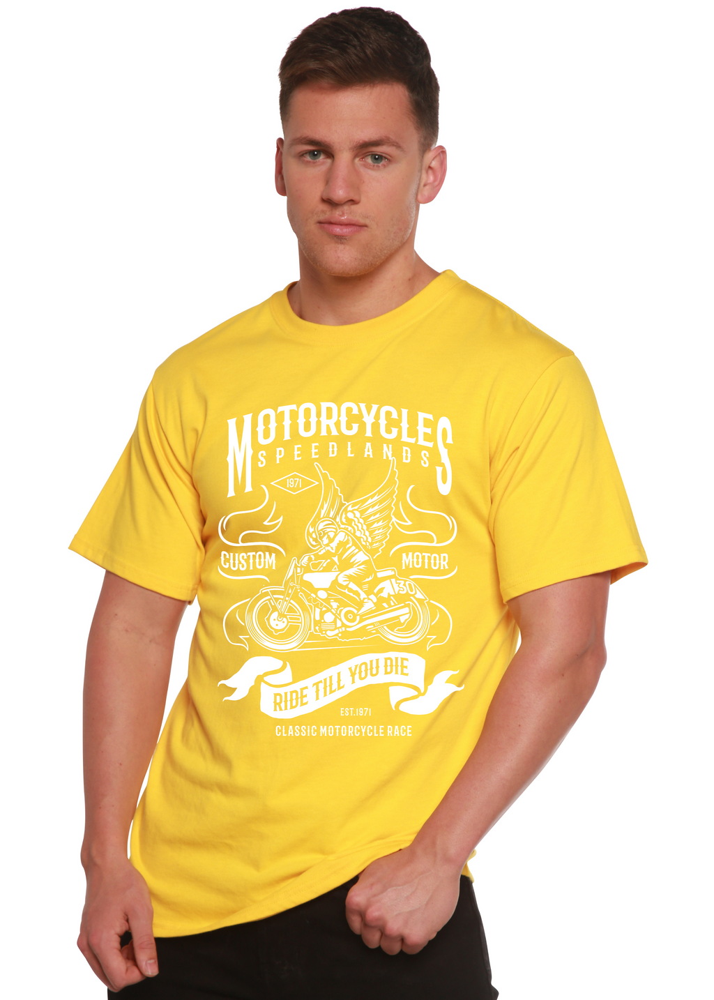 Spun Bamboo Motorcycles Men's Bamboo Viscose/Organic Cotton Short Sleeve Graphic T-Shirt — size reference