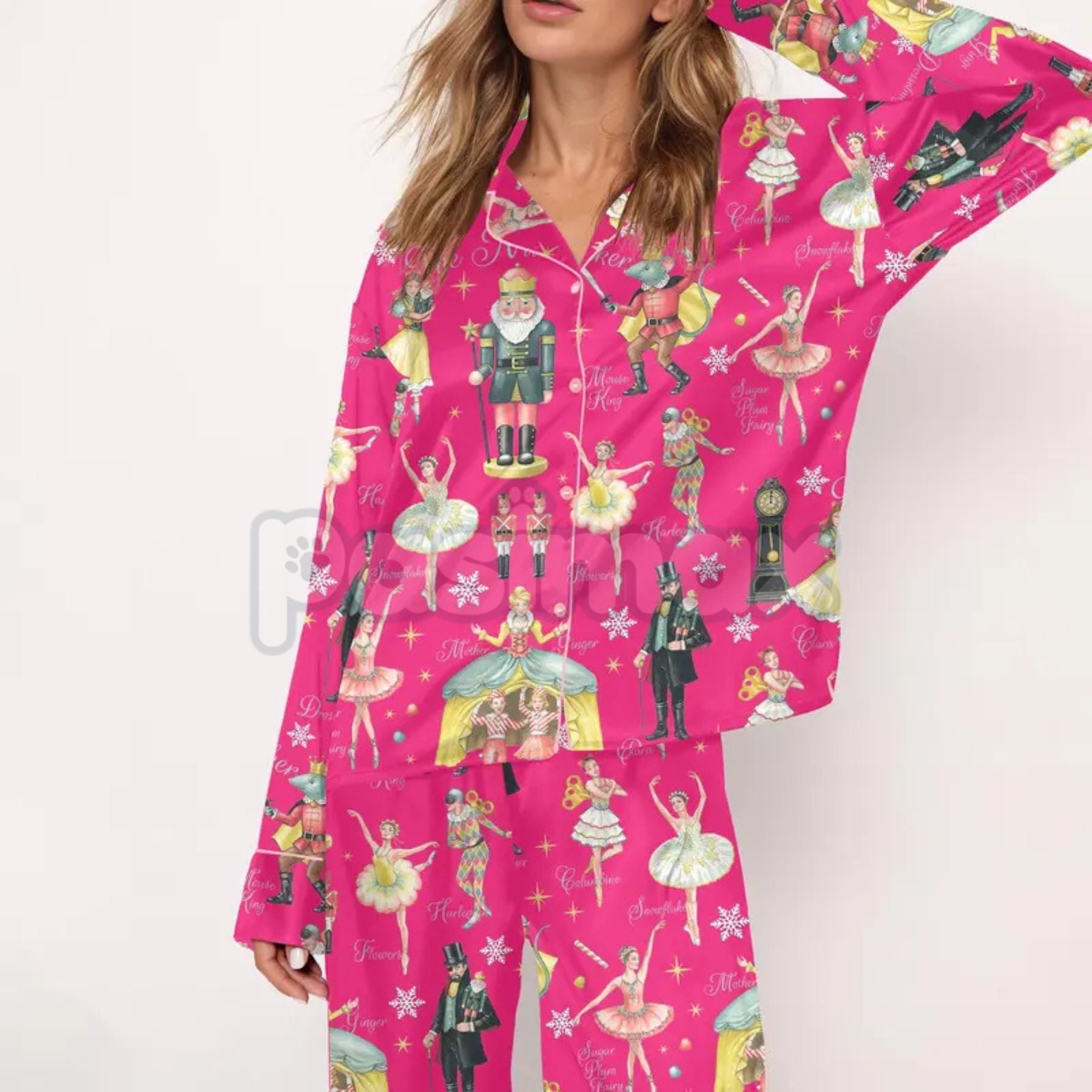 Pasimax Silky Nutcracker Christmas Pajama Set for Women - Elegant Ballet Print Loungewear & Holiday Sleepwear — lifestyle con