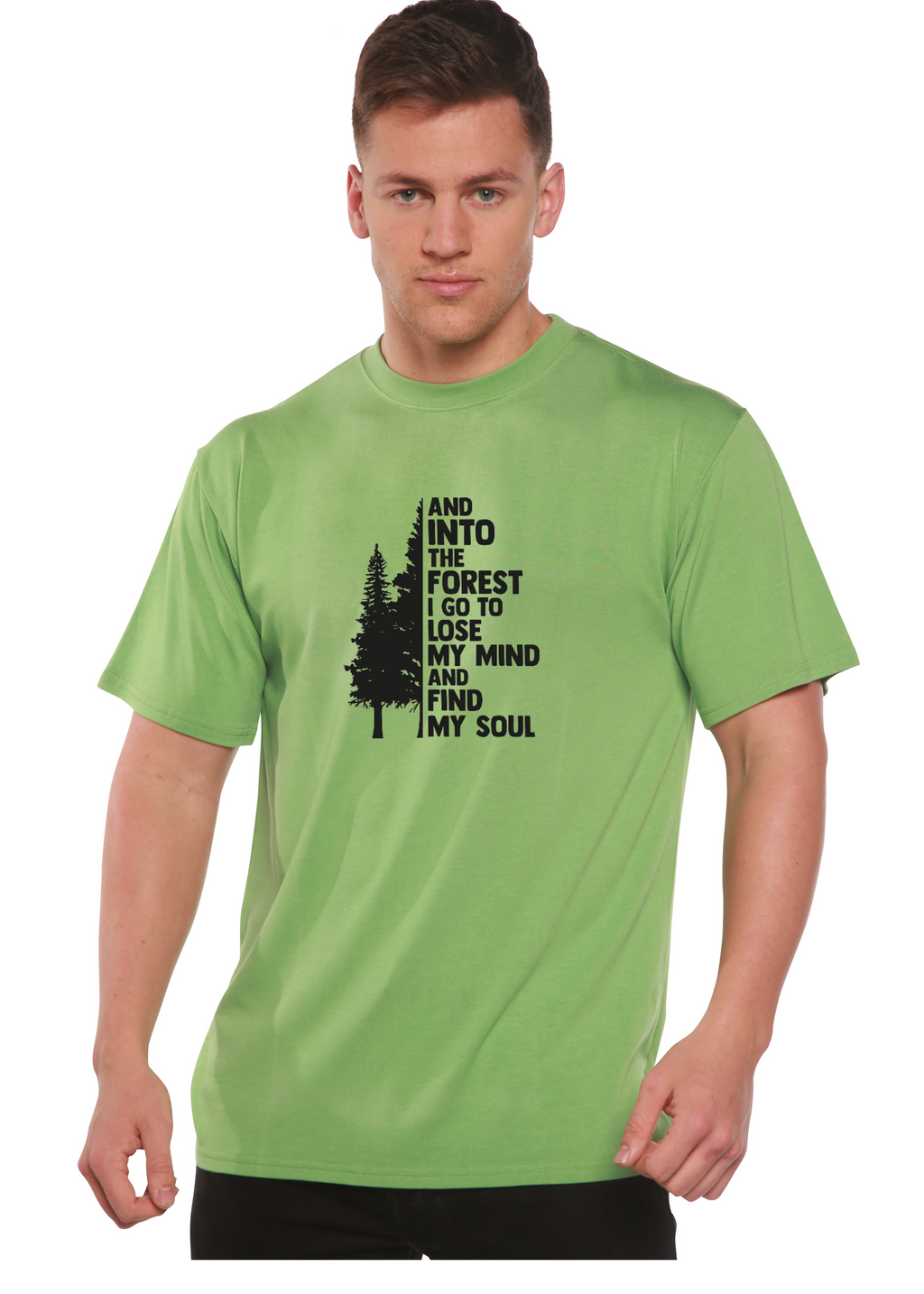 Spun Bamboo And Into The Forest I Go Men's Bamboo Viscose/Organic Cotton Short Sleeve Graphic T-Shirt — in-use photo