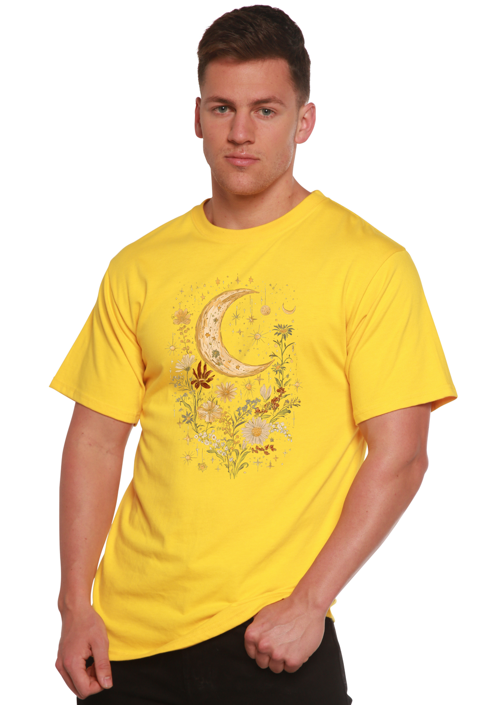 Spun Bamboo Celestial Moon Boho Flowers Vintage Unisex Bamboo/Cotton Graphic T-Shirt — color detail