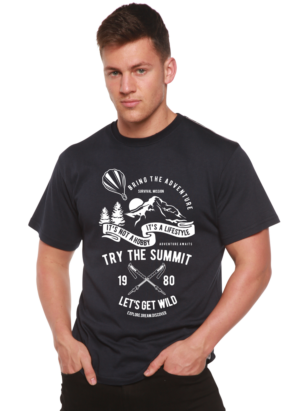 Spun Bamboo Try The Summit Spun Bamboo® Men's Bamboo Viscose/Organic Cotton Short Sleeve Graphic T-Shirt — detail close-up