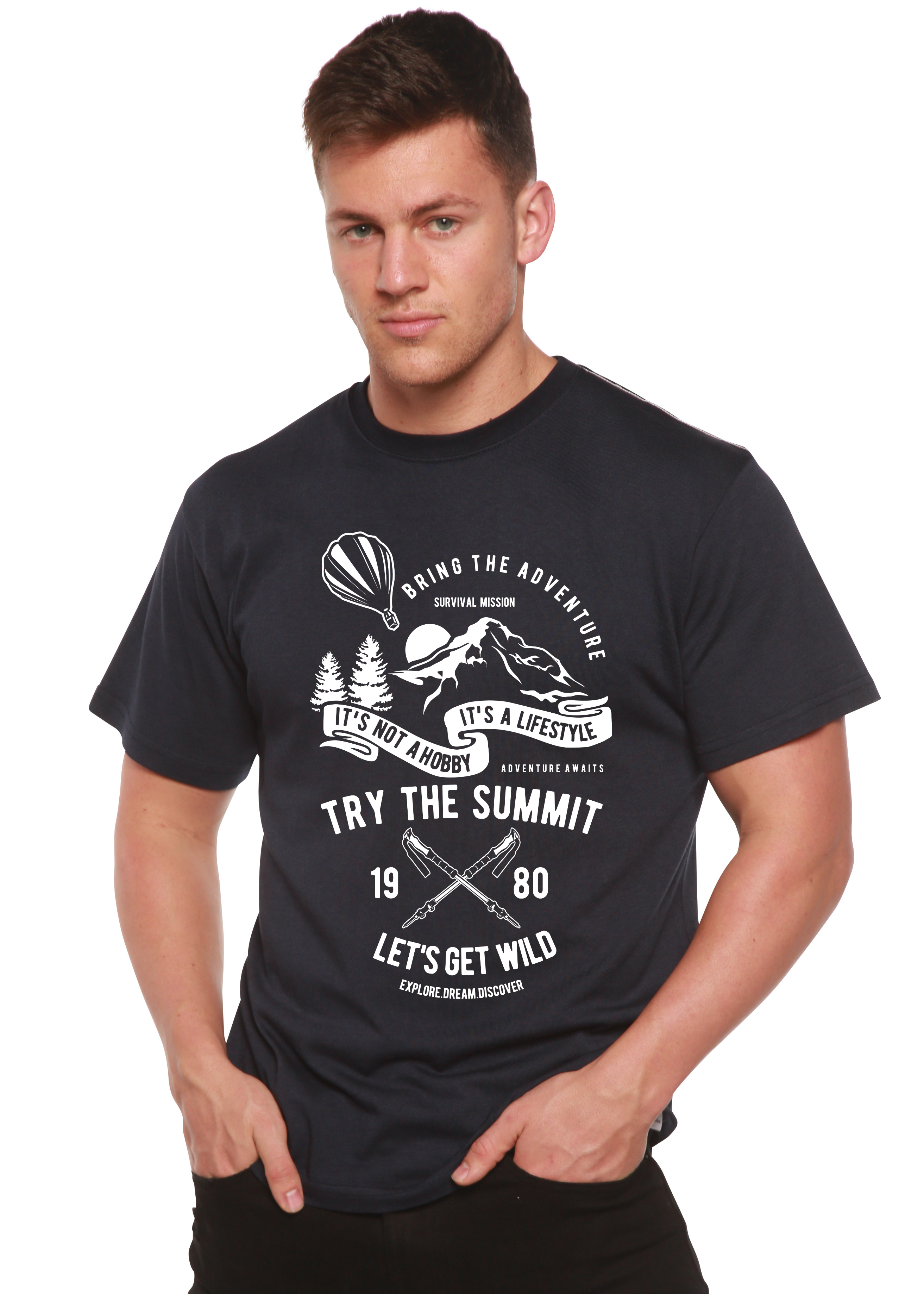 Spun Bamboo Try The Summit Spun Bamboo® Men's Bamboo Viscose/Organic Cotton Short Sleeve Graphic T-Shirt — detail close-up