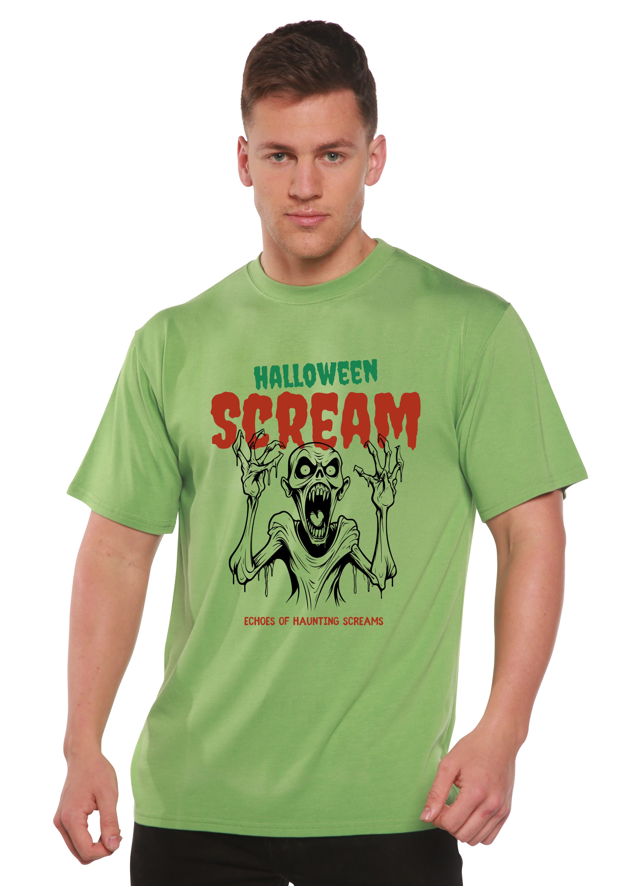 Spun Bamboo Halloween Scream Men's Bamboo Viscose/Organic Cotton Short Sleeve Graphic T-Shirt — in-use photo