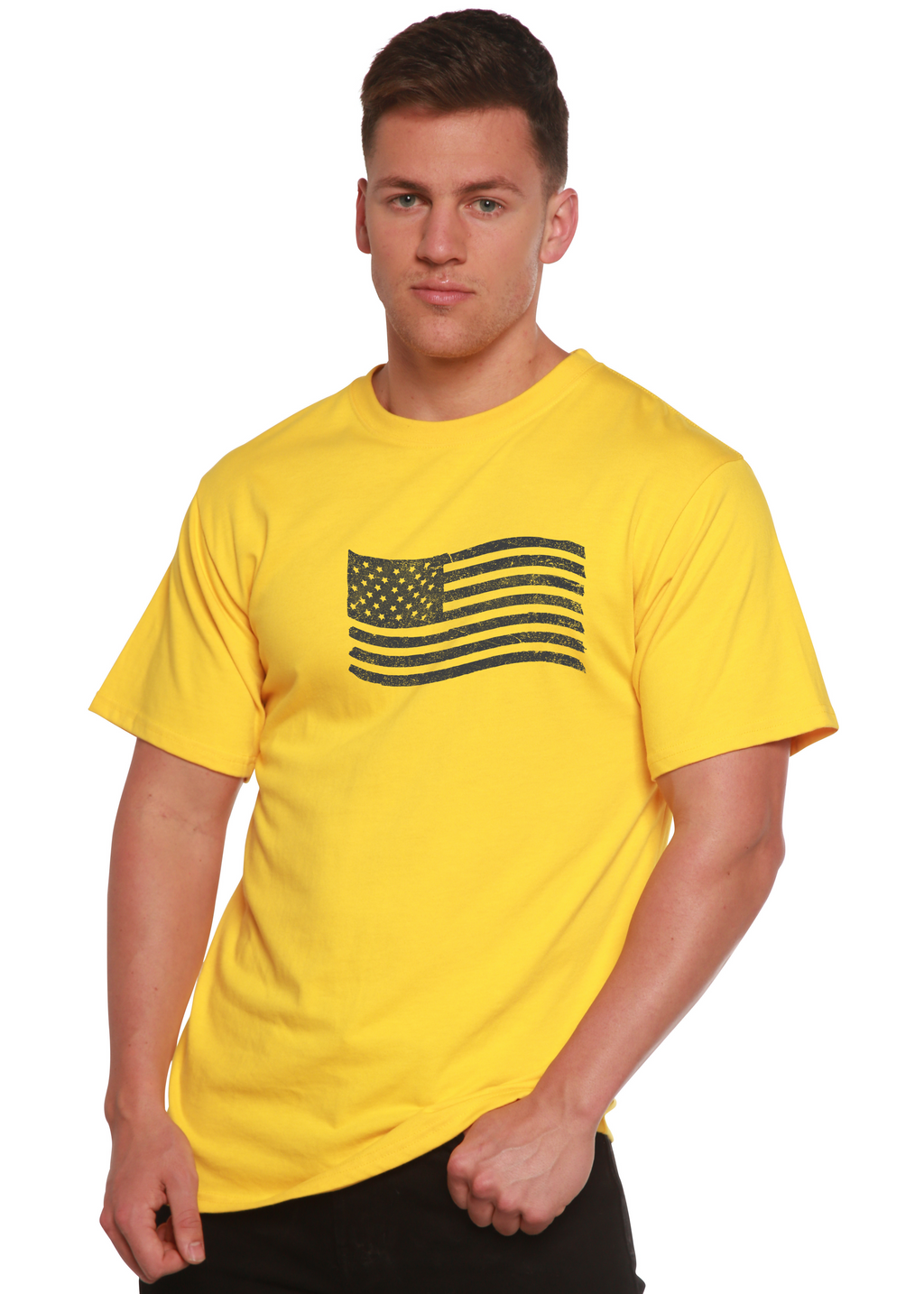 Spun Bamboo American Flag Men's Bamboo Short Sleeve Graphic T-Shirt — in-use photo