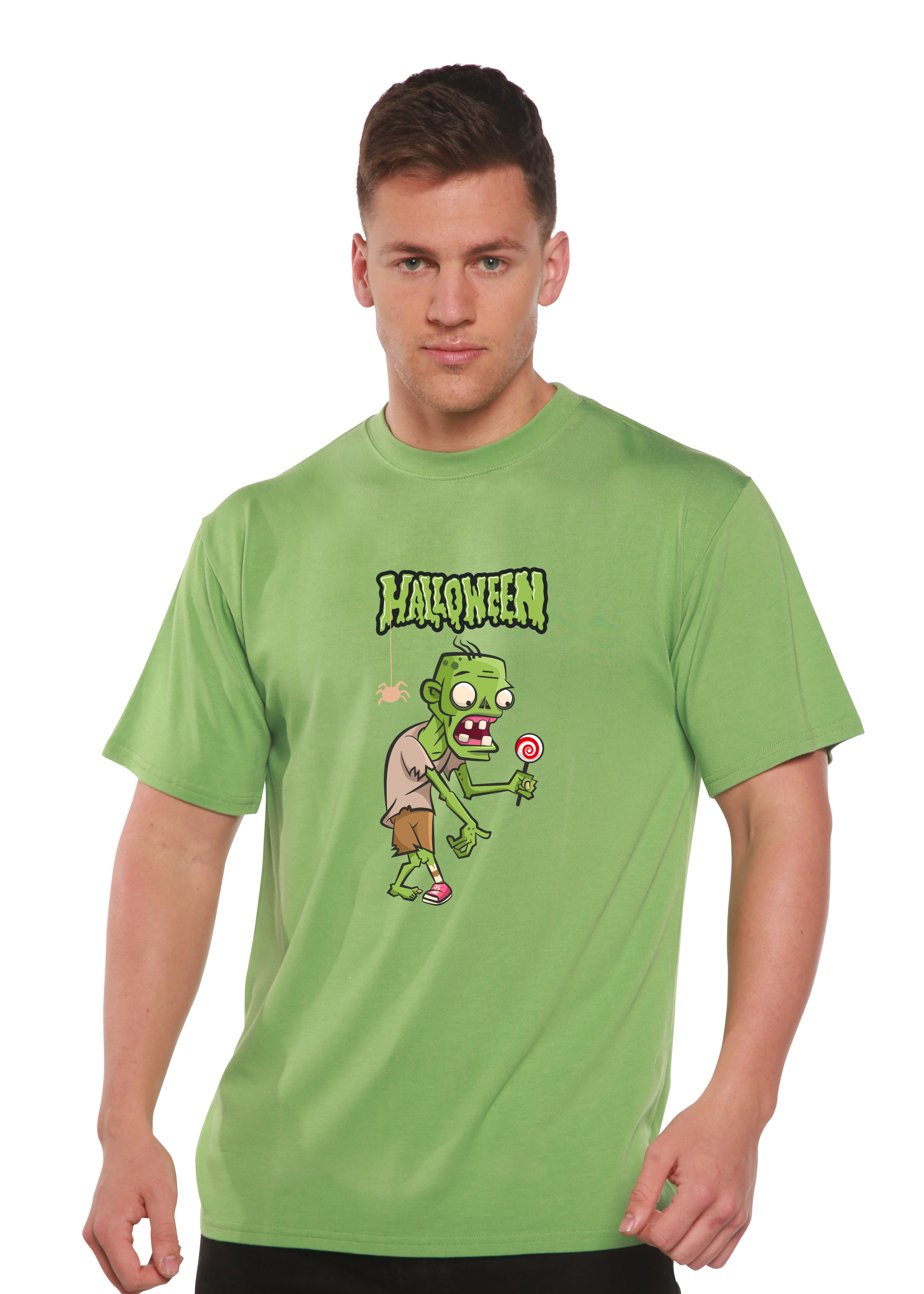 Spun Bamboo Halloween Green Monster Unisex Bamboo Viscose/Organic Cotton Short Sleeve Graphic T-Shirt — fabric or material de