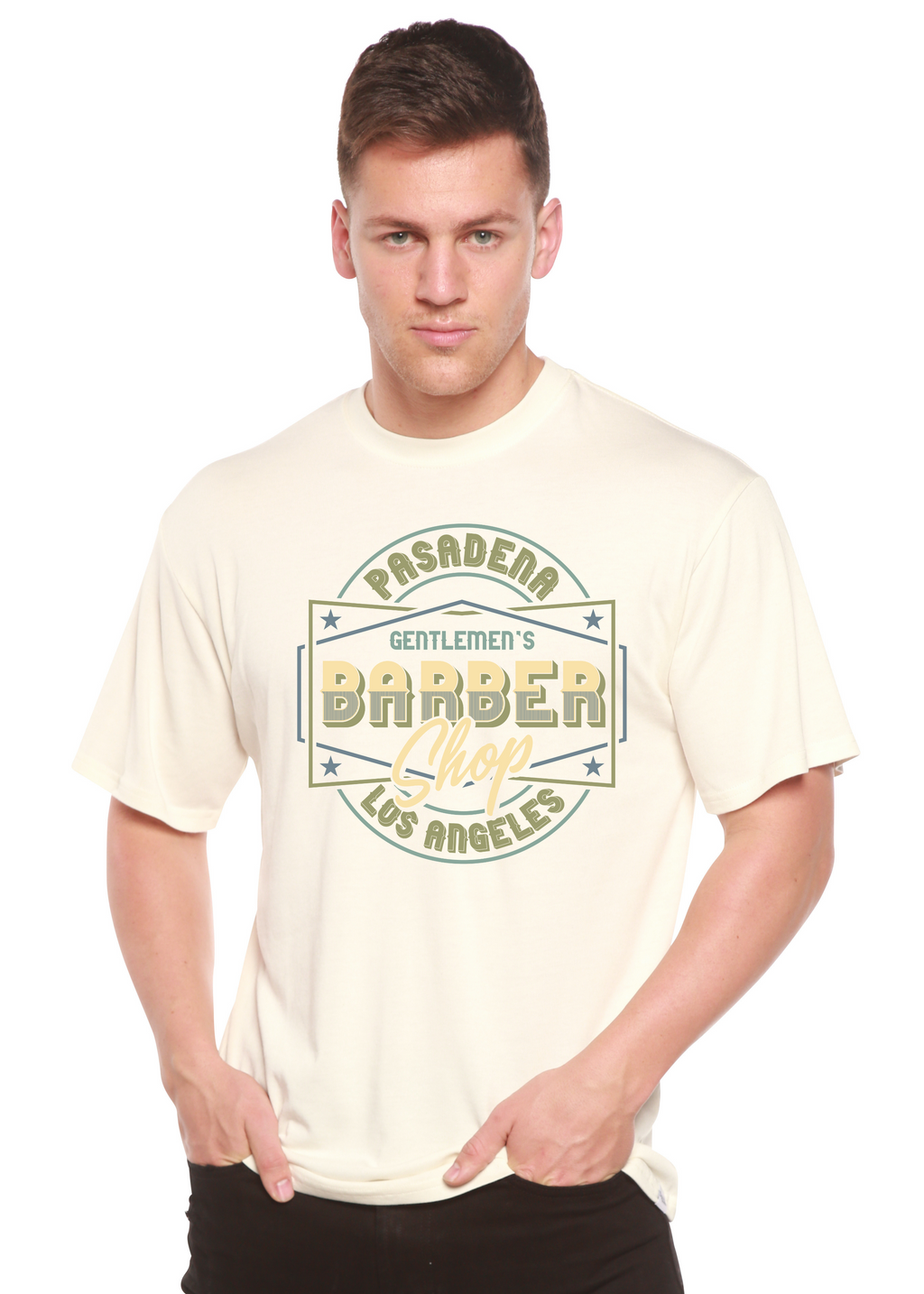 Spun Bamboo Gentlement's Barber Shop Men's Bamboo Viscose/Organic Cotton Short Sleeve Graphic T-Shirt — lifestyle context