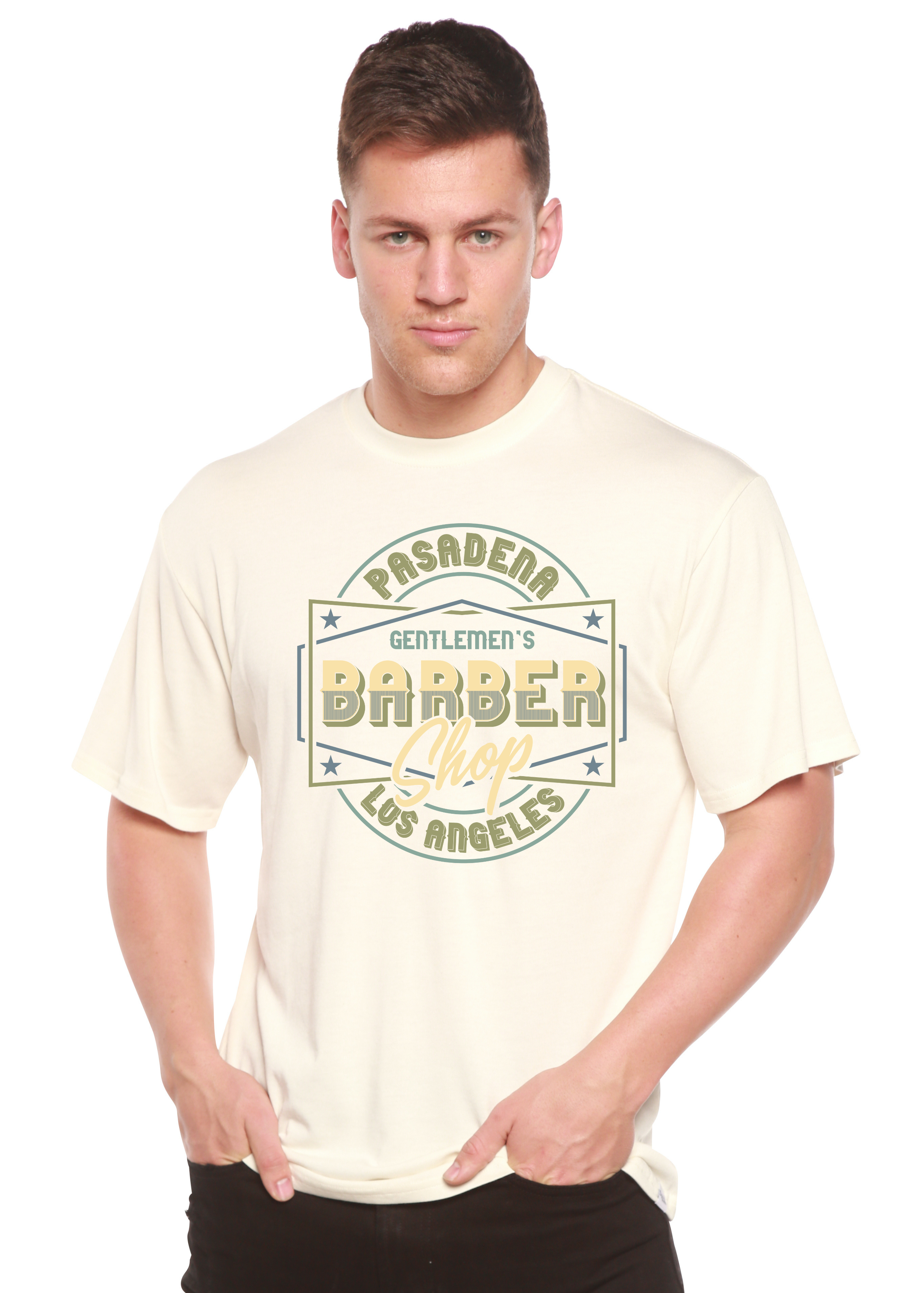 Spun Bamboo Gentlement's Barber Shop Men's Bamboo Viscose/Organic Cotton Short Sleeve Graphic T-Shirt — lifestyle context