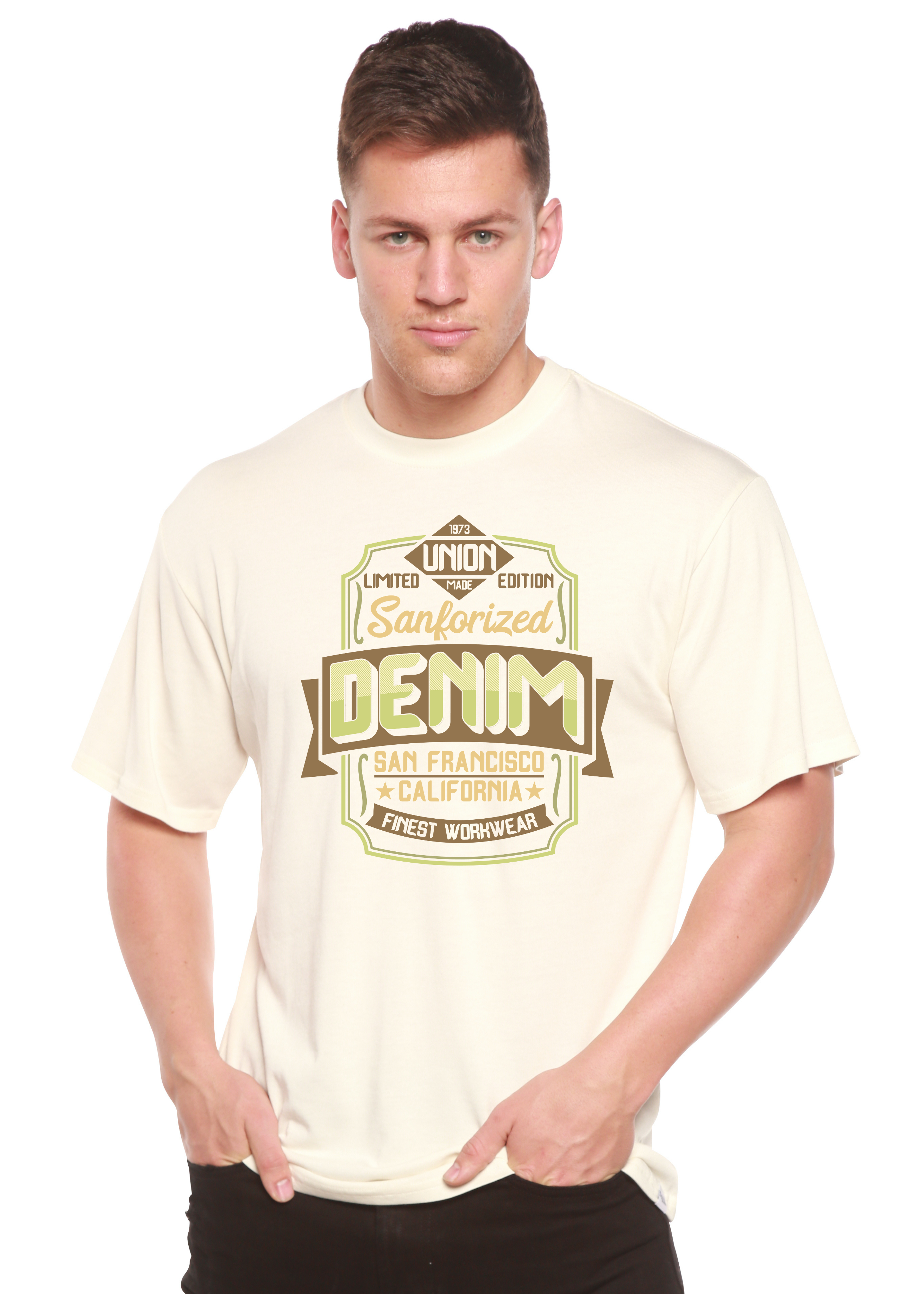 Spun Bamboo Sanforized Denim Men's Bamboo Viscose/Organic Cotton Short Sleeve Graphic T-Shirt — lifestyle context