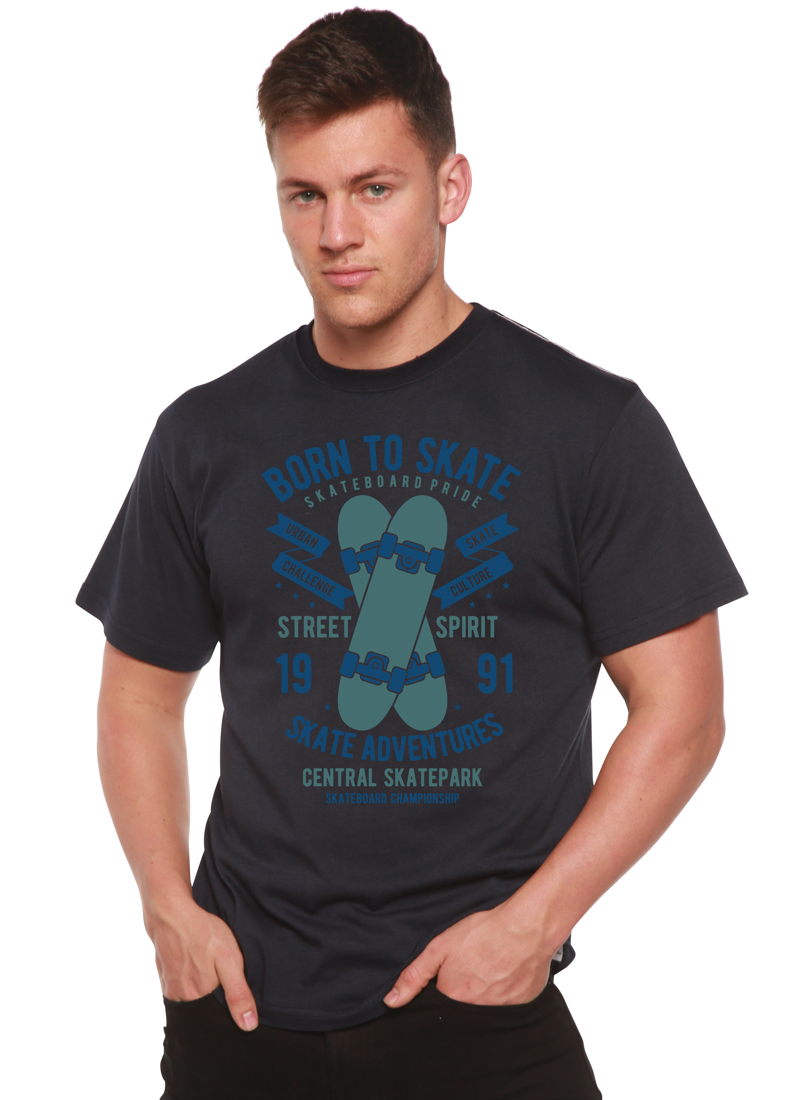 Spun Bamboo Born To Skate Men's Bamboo Viscose/Organic Cotton Short Sleeve Graphic T-Shirt — size reference