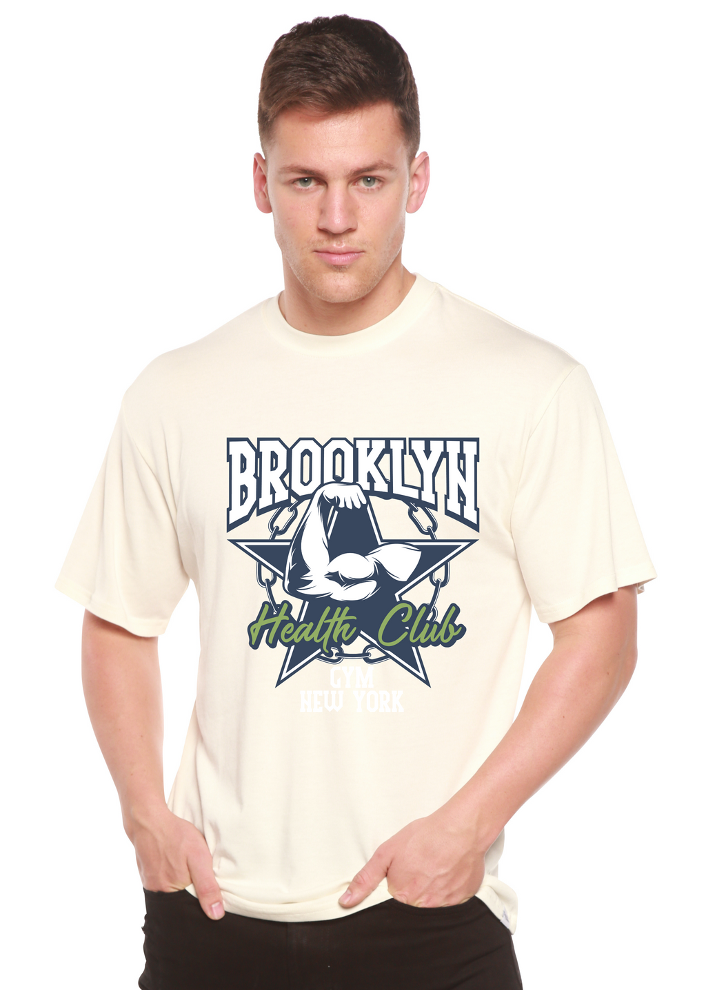 Spun Bamboo Brooklyn Health Club Men's Bamboo Viscose/Organic Cotton Short Sleeve Graphic T-Shirt — detail close-up