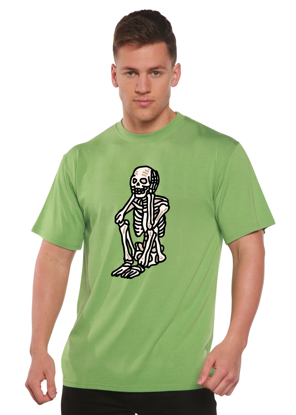 Spun Bamboo Sad Skeleton Halloween Unisex Bamboo Viscose/Organic Cotton Short Sleeve Graphic T-Shirt — product on model