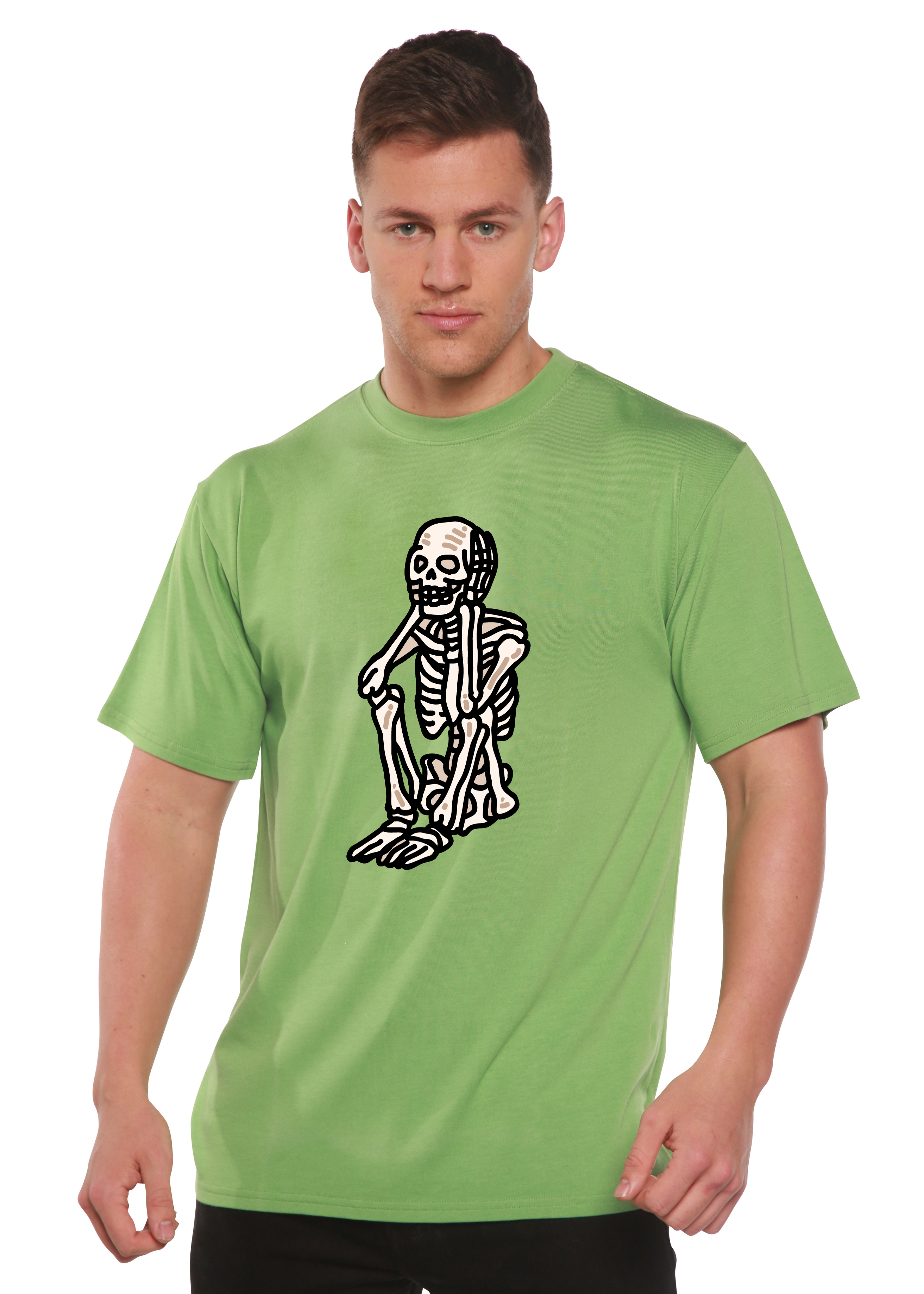 Spun Bamboo Sad Skeleton Halloween Unisex Bamboo Viscose/Organic Cotton Short Sleeve Graphic T-Shirt — product on model