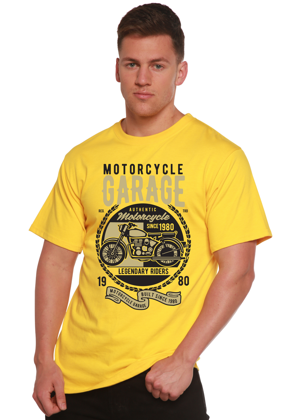 Spun Bamboo Motorcycle Garage Men's Bamboo Viscose/Organic Cotton Short Sleeve Graphic T-Shirt — detail close-up