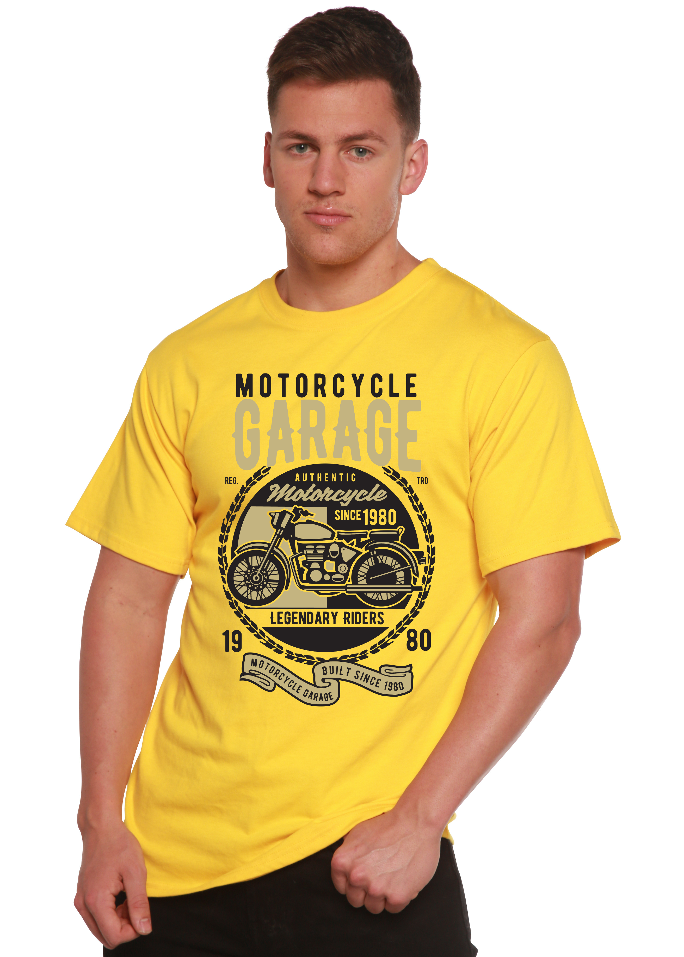 Spun Bamboo Motorcycle Garage Men's Bamboo Viscose/Organic Cotton Short Sleeve Graphic T-Shirt — detail close-up