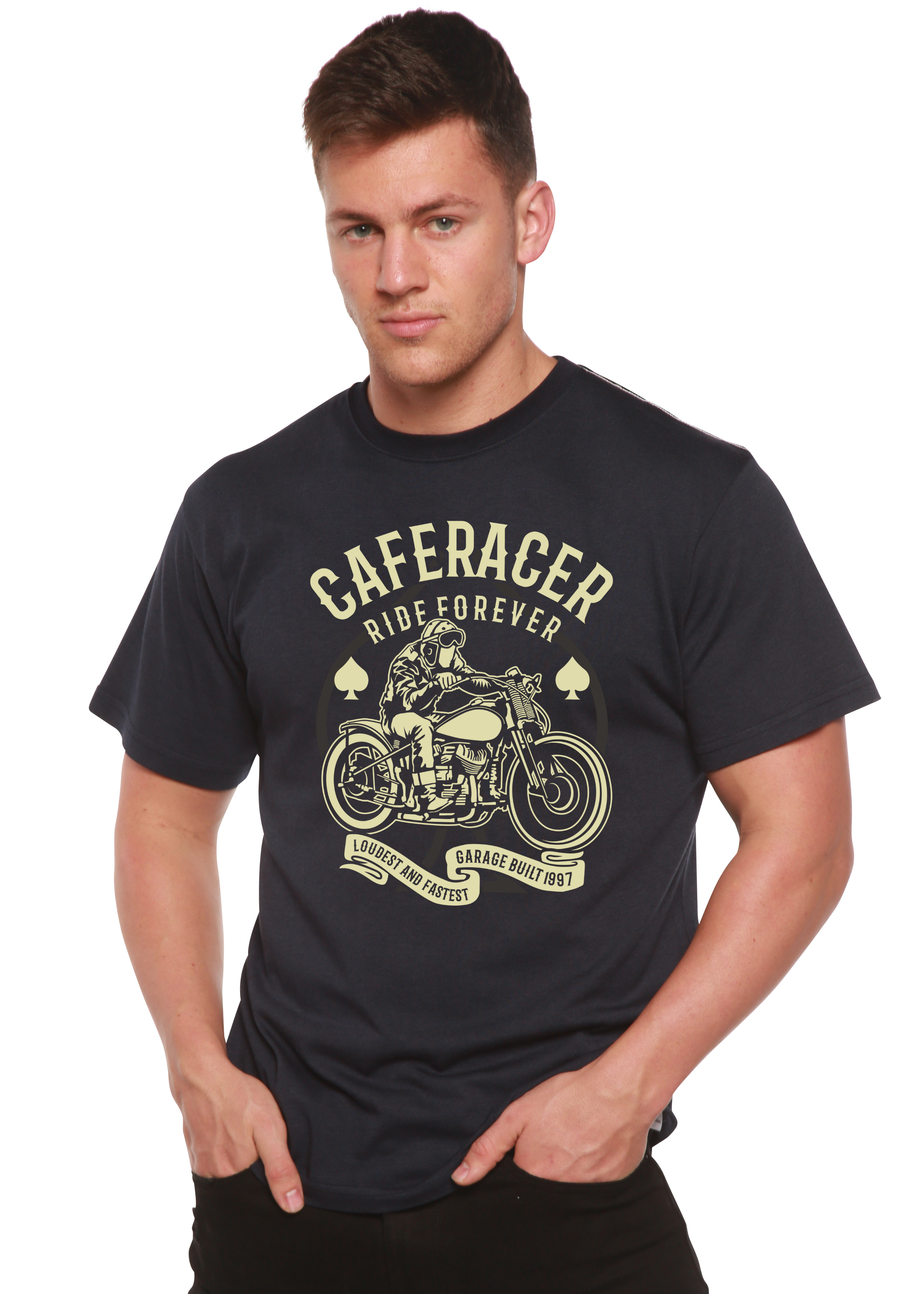 Spun Bamboo Caferacer Ride Forever Men's Bamboo Viscose/Organic Cotton Short Sleeve Graphic T-Shirt — detail close-up