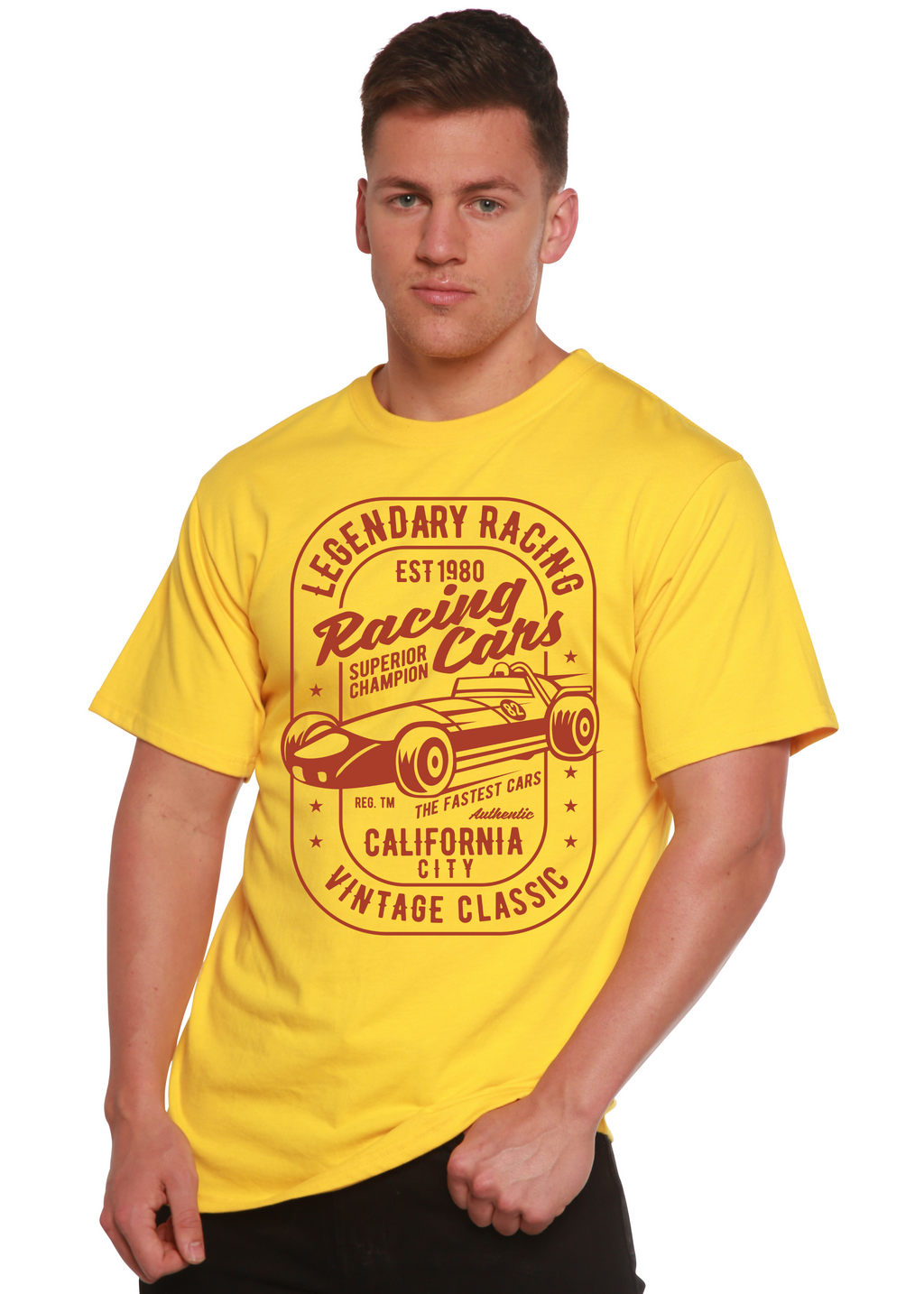 Spun Bamboo Legendary Racing Cars Men's Bamboo Viscose/Organic Cotton Short Sleeve Graphic T-Shirt — alternative angle