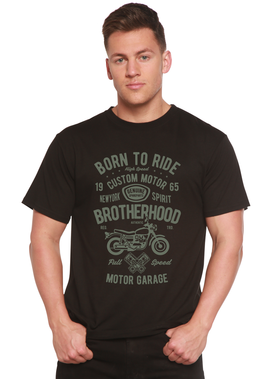 Spun Bamboo Motorcycle Brotherhood Men's Bamboo Viscose/Organic Cotton Short Sleeve Graphic T-Shirt — in-use photo