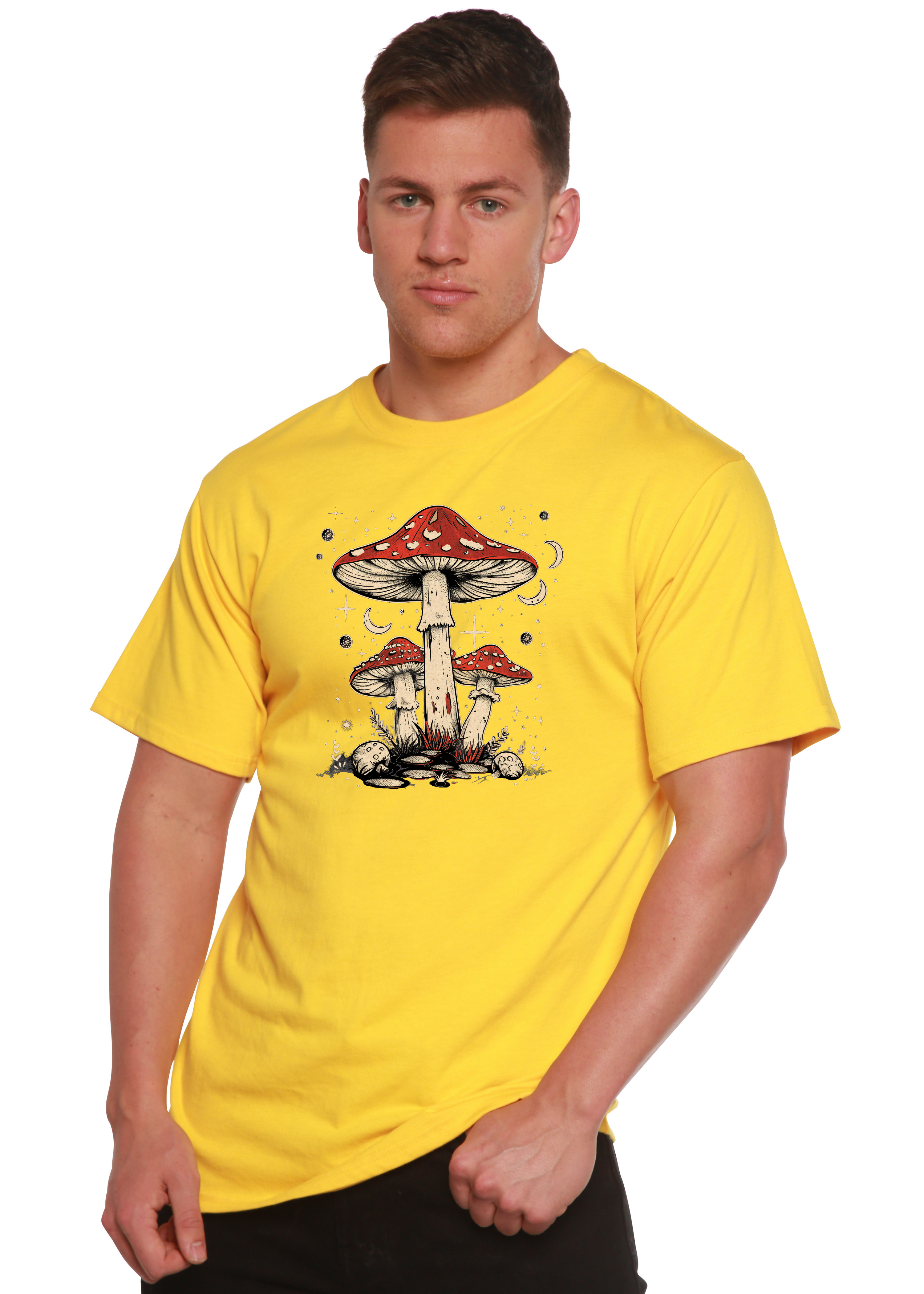 Spun Bamboo Boho Retro Hippie Mushrooms Natural Unisex Bamboo/Cotton Graphic T-Shirt — in-use photo