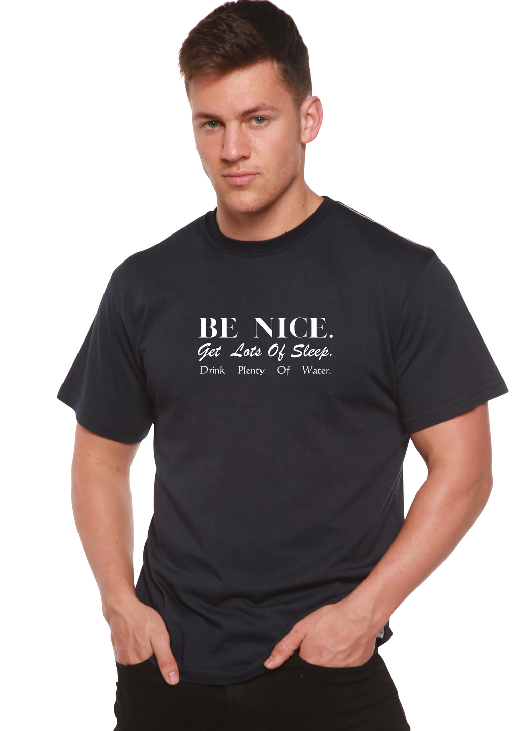 Spun Bamboo Be Nice Men's Bamboo Viscose/Organic Cotton Short Sleeve Graphic T-Shirt — size reference