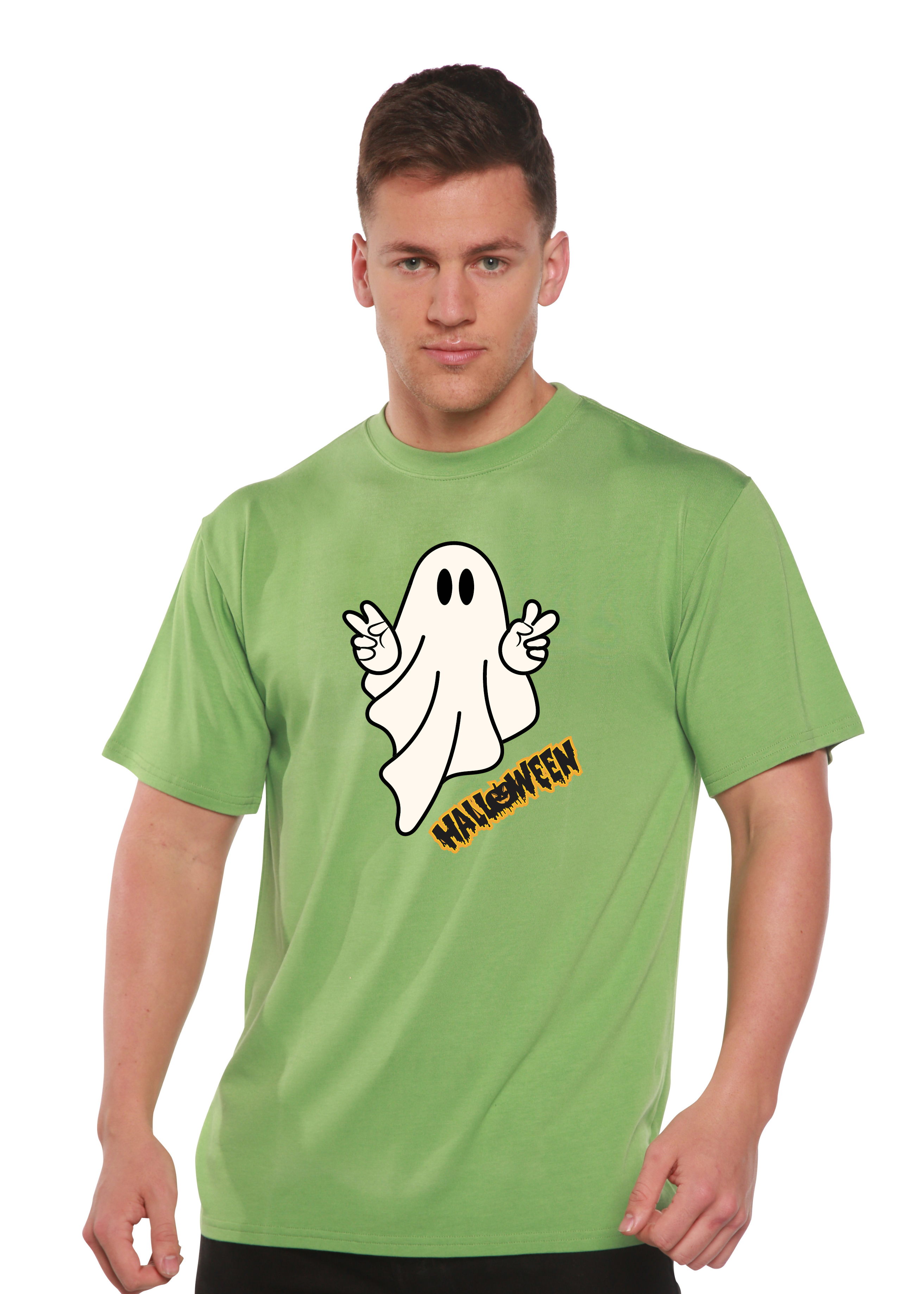 Spun Bamboo Halloween Ghost Unisex Bamboo Viscose/Organic Cotton Short Sleeve Graphic T-Shirt — comparison shot