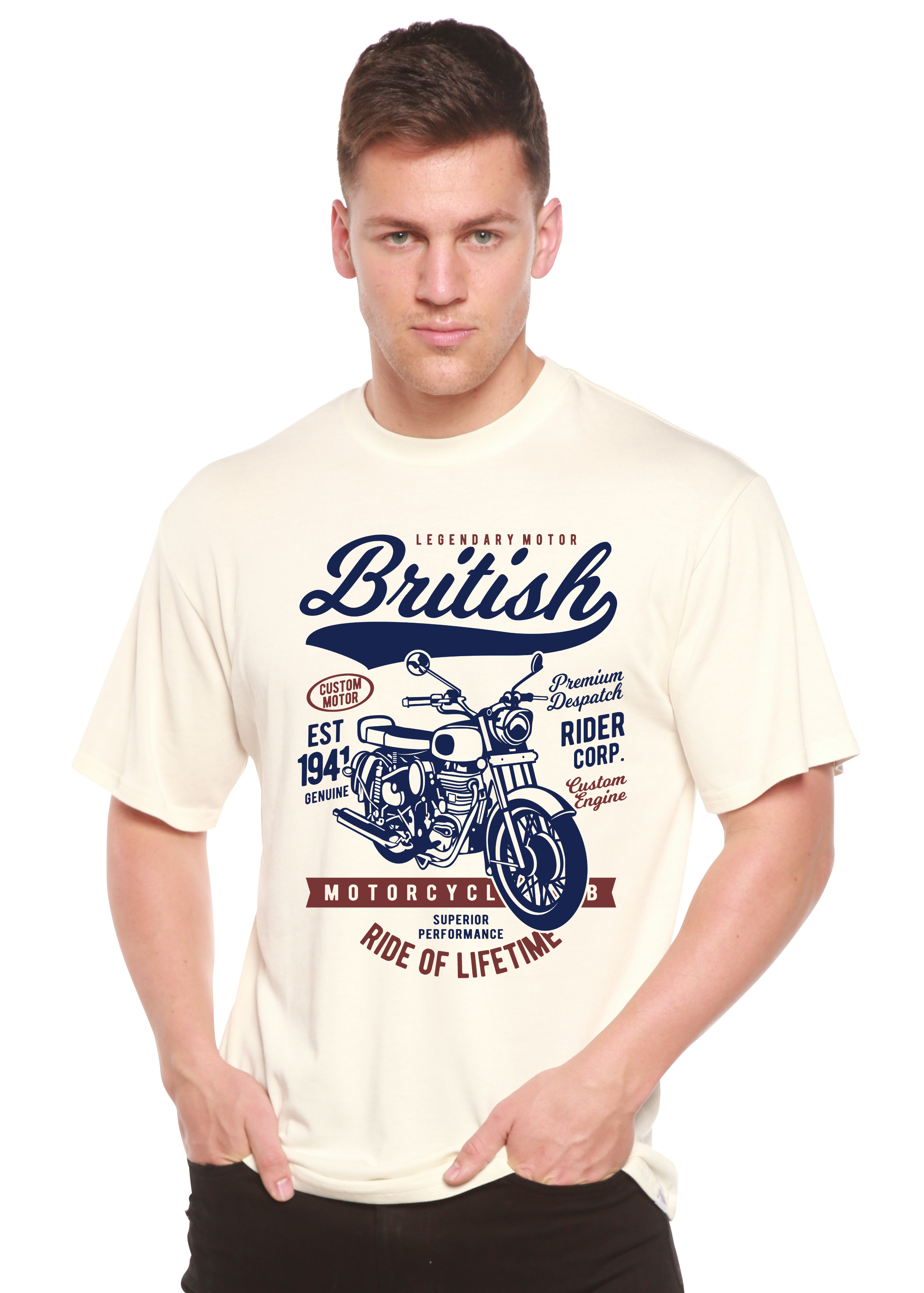 Spun Bamboo British Motorcycle Men's Bamboo Viscose/Organic Cotton Short Sleeve Graphic T-Shirt — detail close-up
