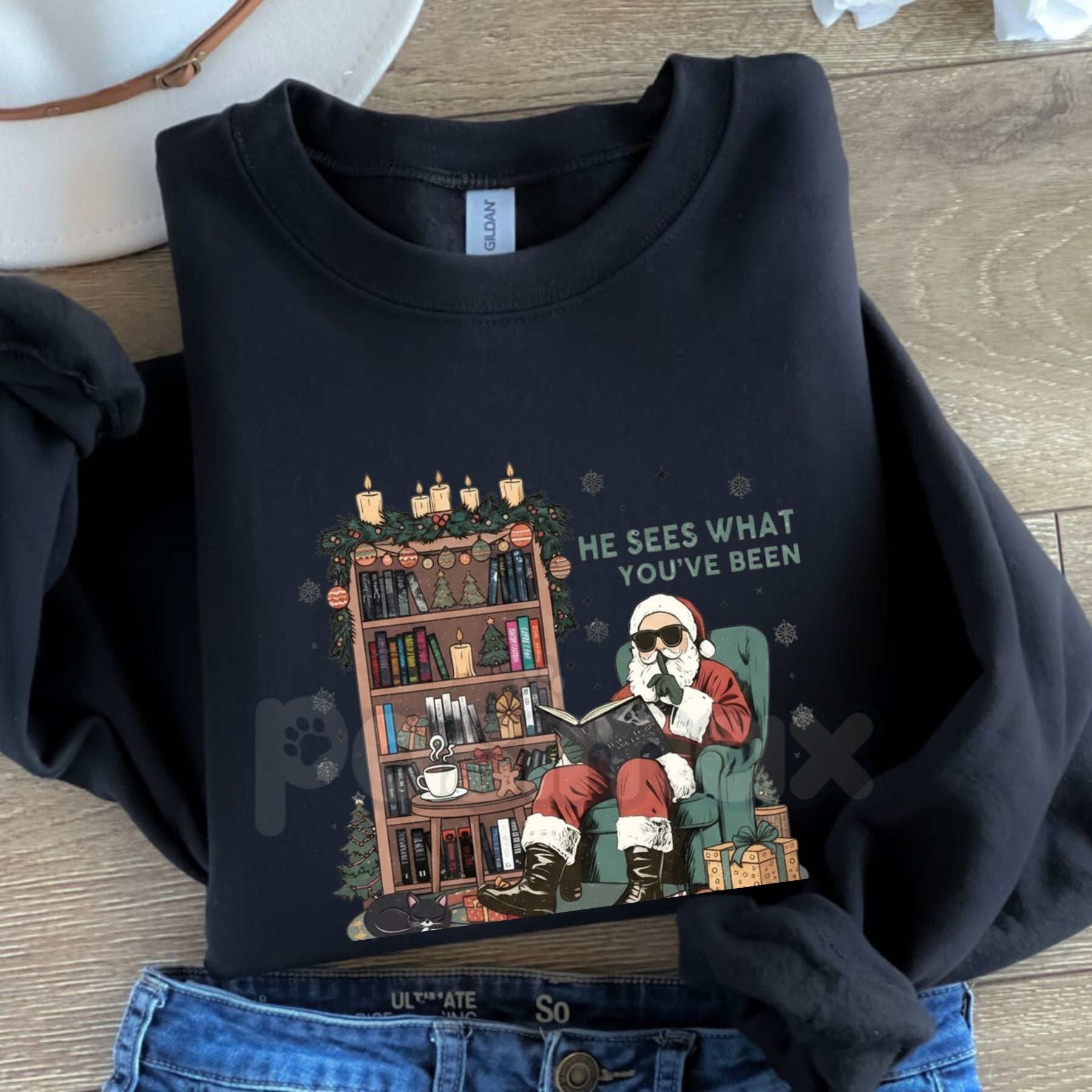 Pasimax He Sees What You've Been Reading Shirt Sweatshirt | Funny Book Lover Holiday Jumper | Santa Surveillance Reading Gift