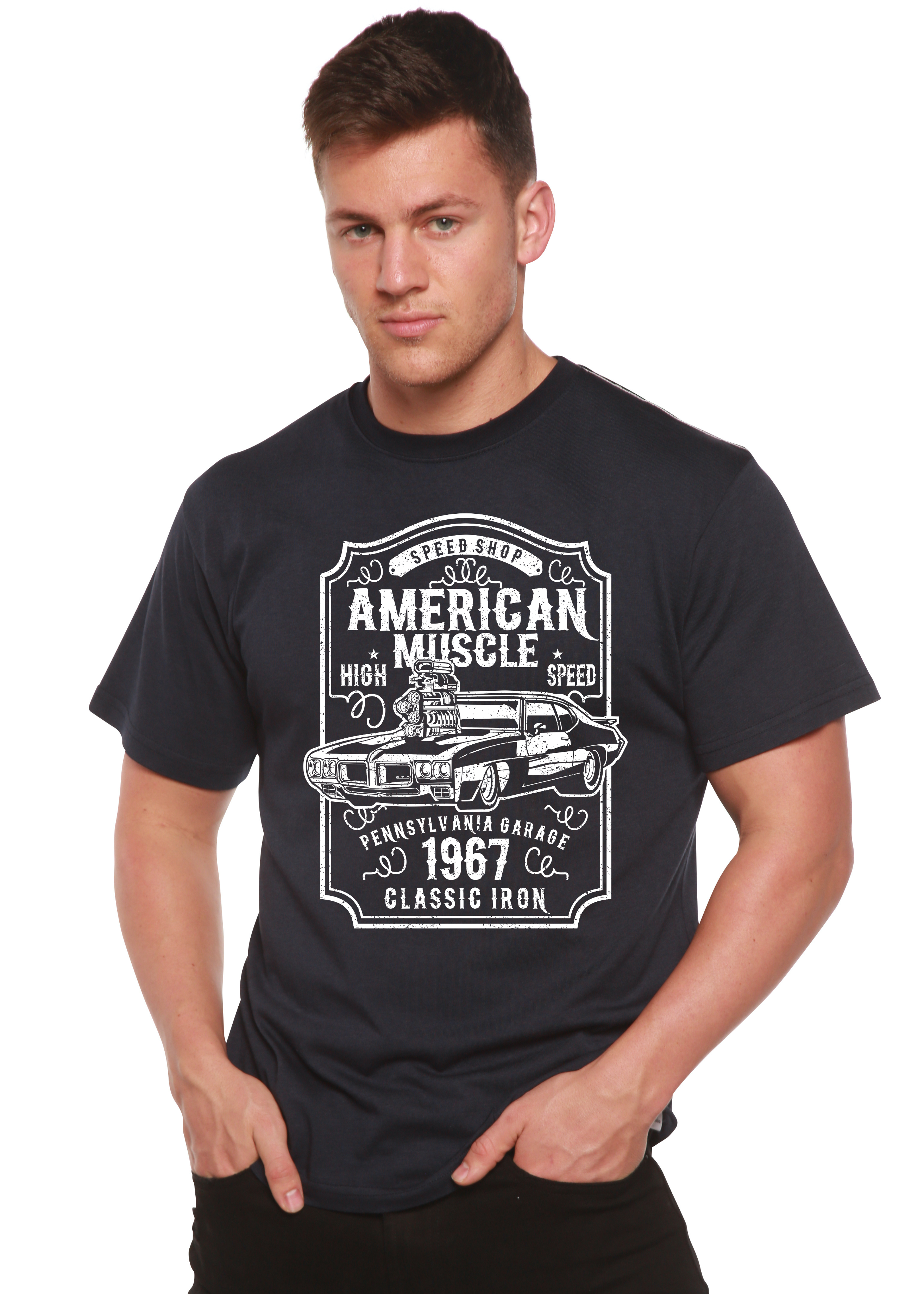 Spun Bamboo American Muscle Men's Bamboo Viscose/Organic Cotton Short Sleeve Graphic T-Shirt — detail close-up