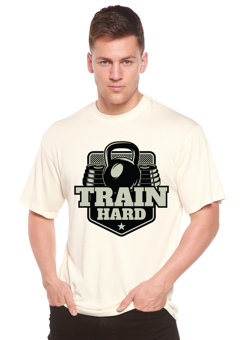 Spun Bamboo Train Hard Men's Bamboo Viscose/Organic Cotton Short Sleeve Graphic T-Shirt — in-use photo