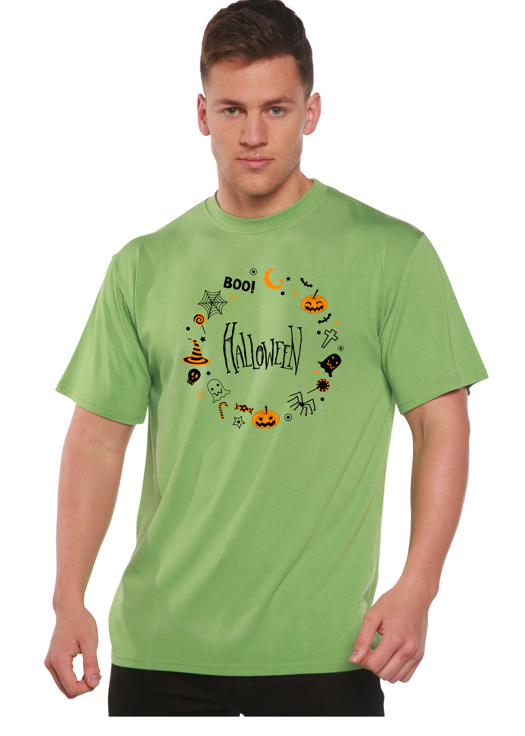 Spun Bamboo Bool Halloween Men's Bamboo Viscose/Organic Cotton Short Sleeve Graphic T-Shirt — detail close-up