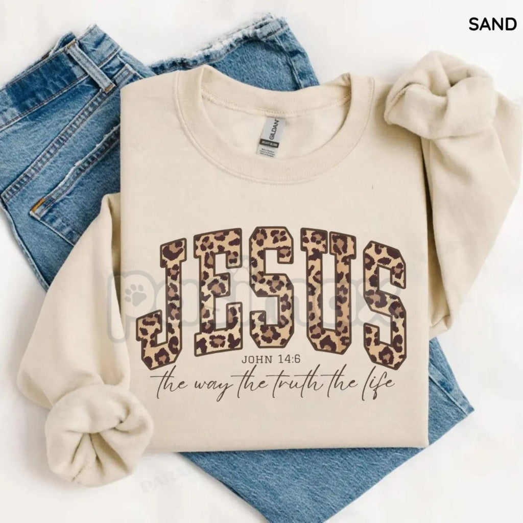 Pasimax Christian Jesus Leopard Sweatshirt | Cheetah Print Faith Crewneck | Modern Bible Verse Shirt for Women — in-use photo