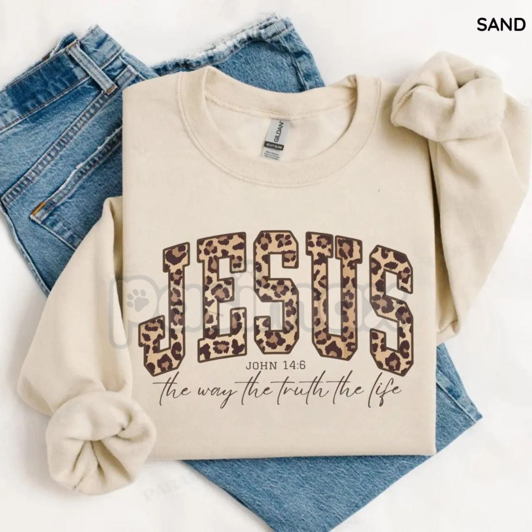 Pasimax Christian Jesus Leopard Sweatshirt | Cheetah Print Faith Crewneck | Modern Bible Verse Shirt for Women — in-use photo