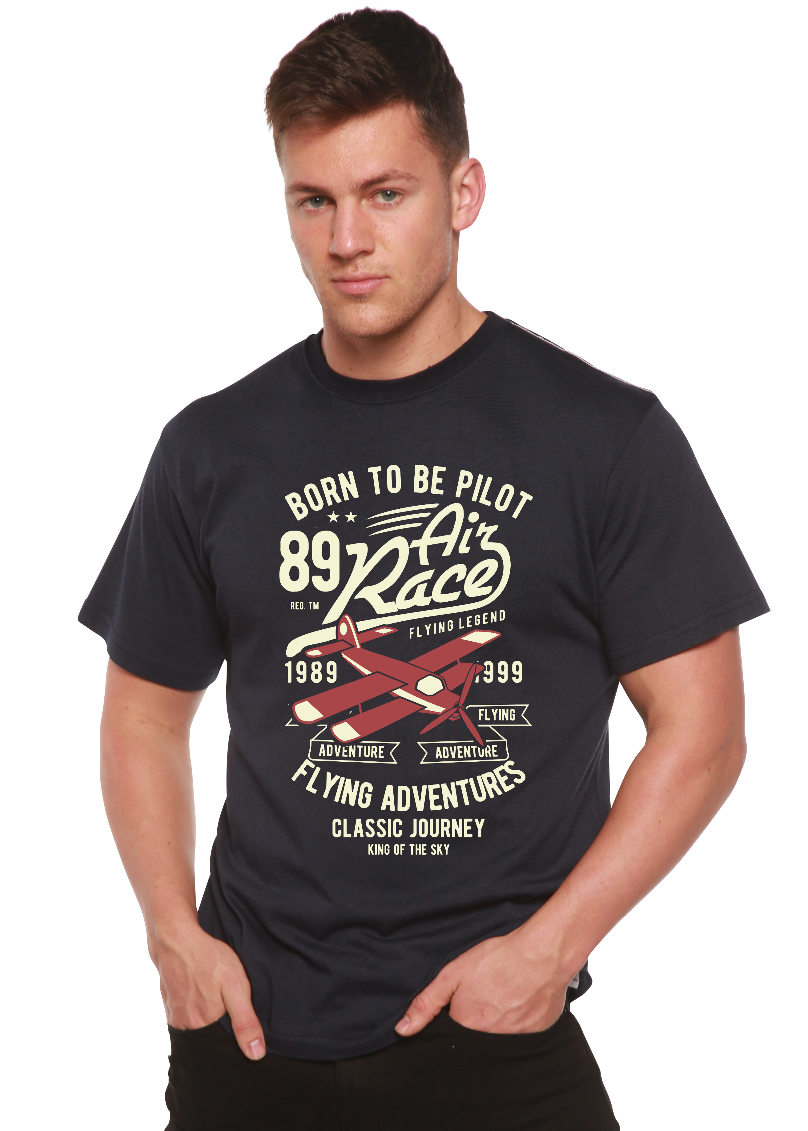 Spun Bamboo Born To Be Pilot Men's Bamboo Viscose/Organic Cotton Short Sleeve Graphic T-Shirt — detail close-up