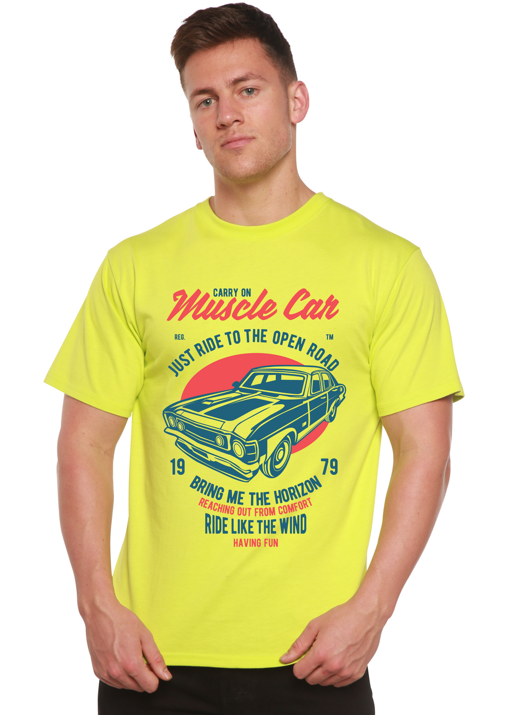 Spun Bamboo Muscle Car Spun Bamboo® Men's Bamboo Viscose/Organic Cotton Short Sleeve Graphic T-Shirt — size reference