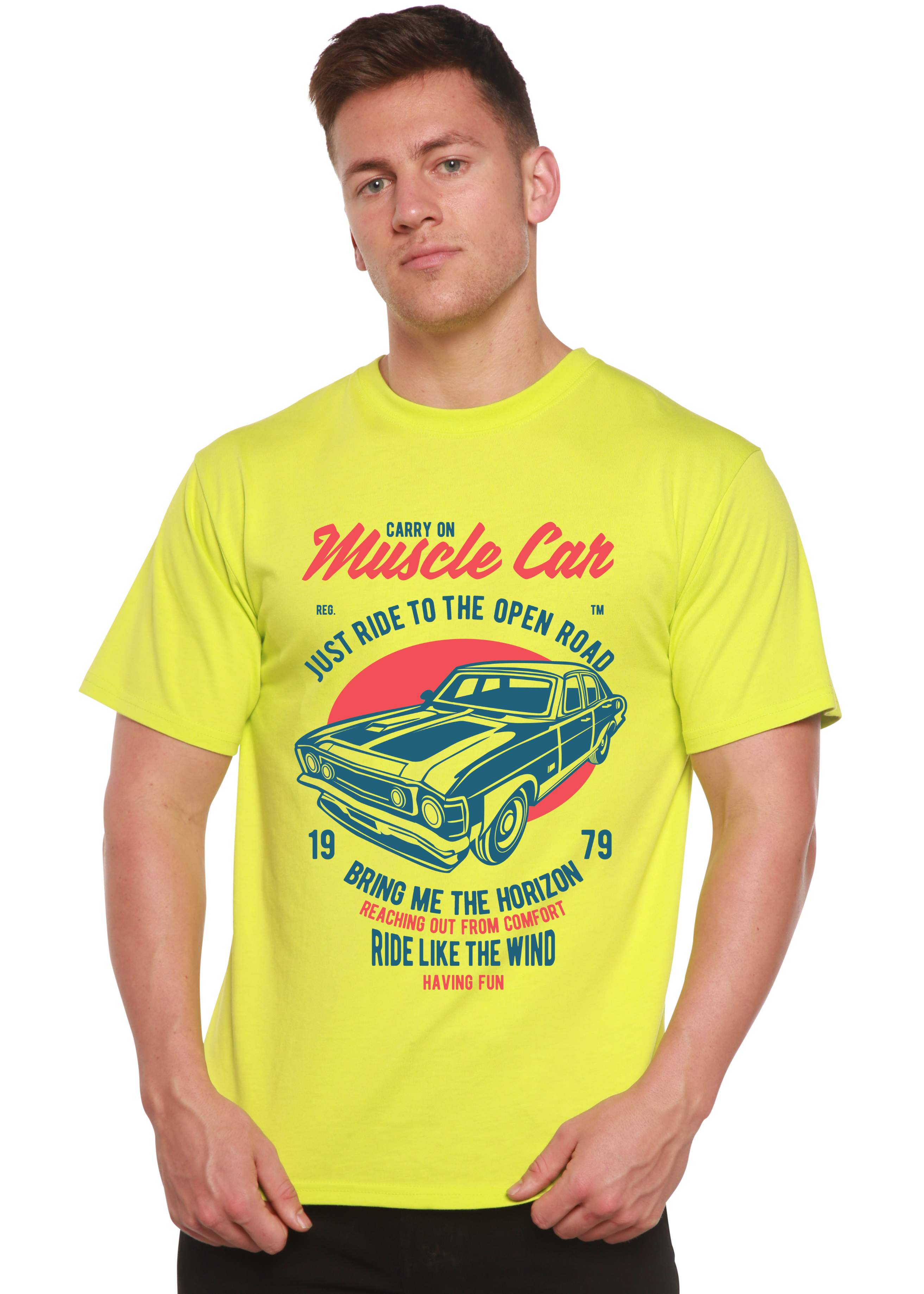 Spun Bamboo Muscle Car Spun Bamboo® Men's Bamboo Viscose/Organic Cotton Short Sleeve Graphic T-Shirt — size reference