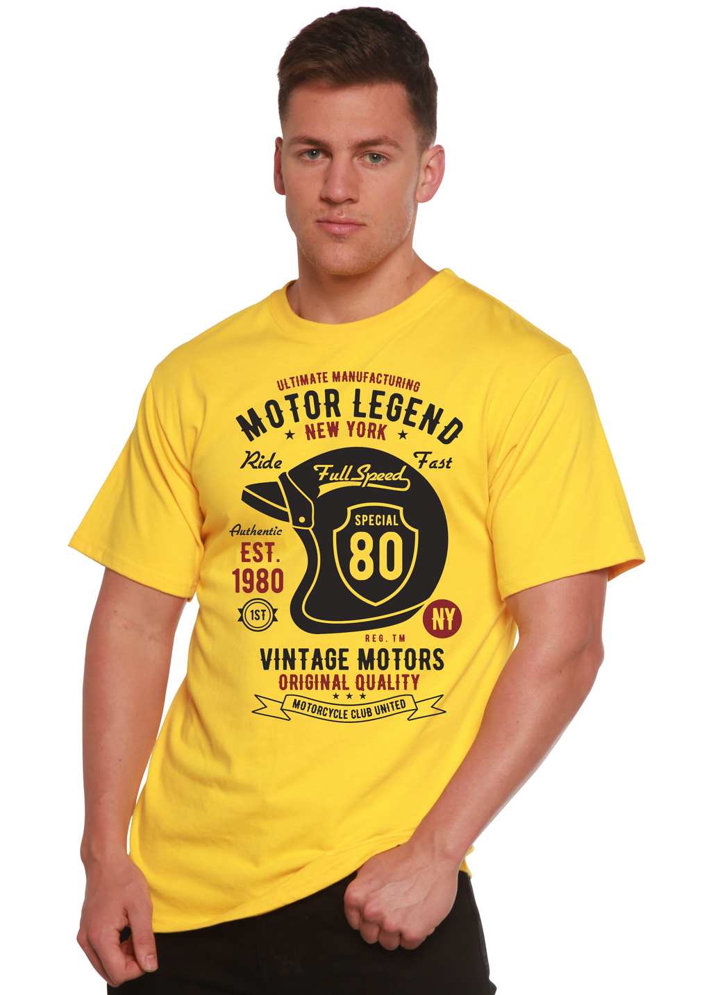 Spun Bamboo Motor Legend Helmet Men's Bamboo Viscose/Organic Cotton Short Sleeve Graphic T-Shirt — detail close-up