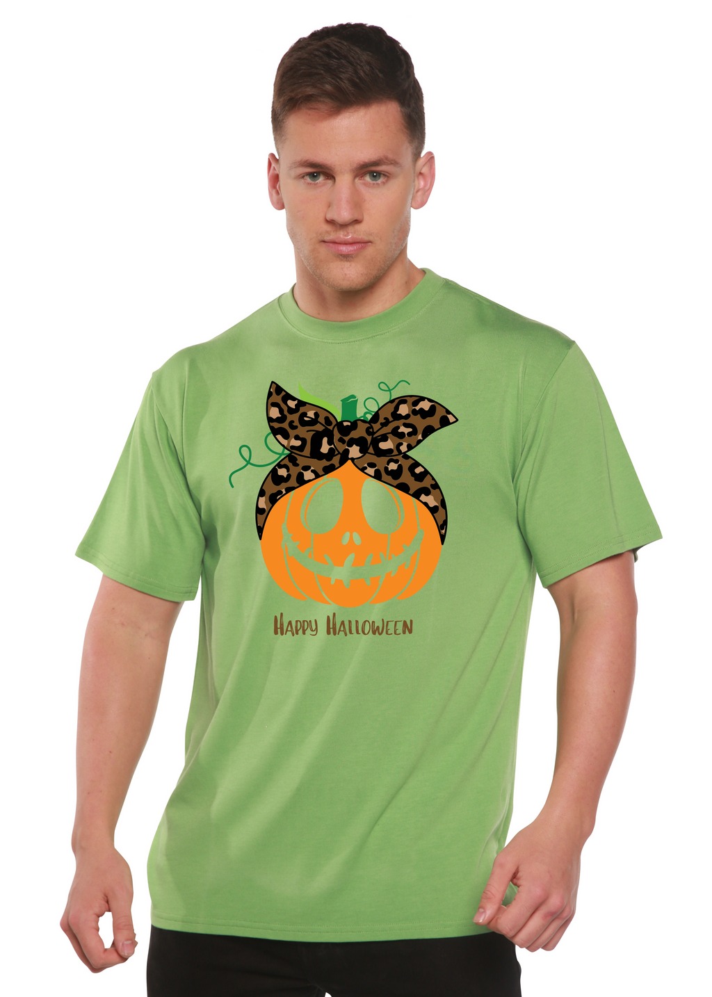 Spun Bamboo Happy Halloween Men's Bamboo Viscose/Organic Cotton Short Sleeve Graphic T-Shirt — lifestyle context