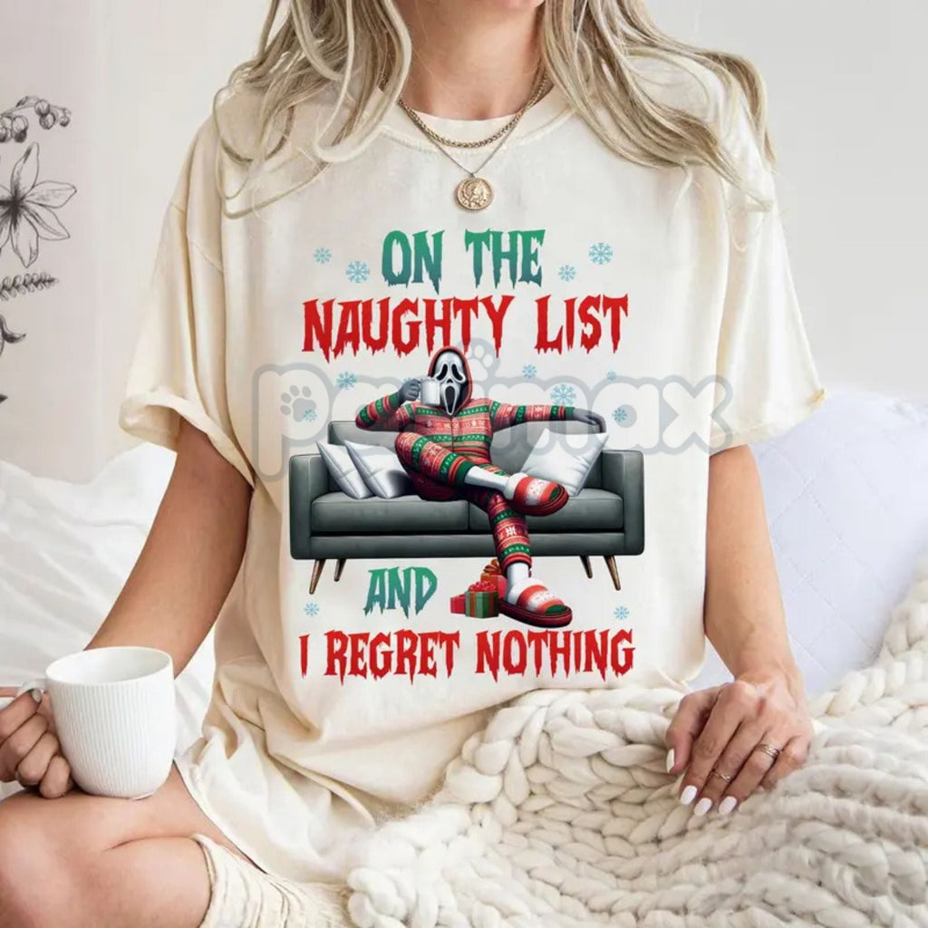 Pasimax "On The Naughty List And I Regret Nothing" Christmas Shirt — detail close-up