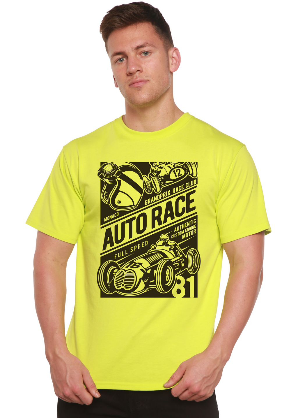 Spun Bamboo Auto Race Men's Bamboo Viscose/Organic Cotton Short Sleeve Graphic T-Shirt — in-use photo