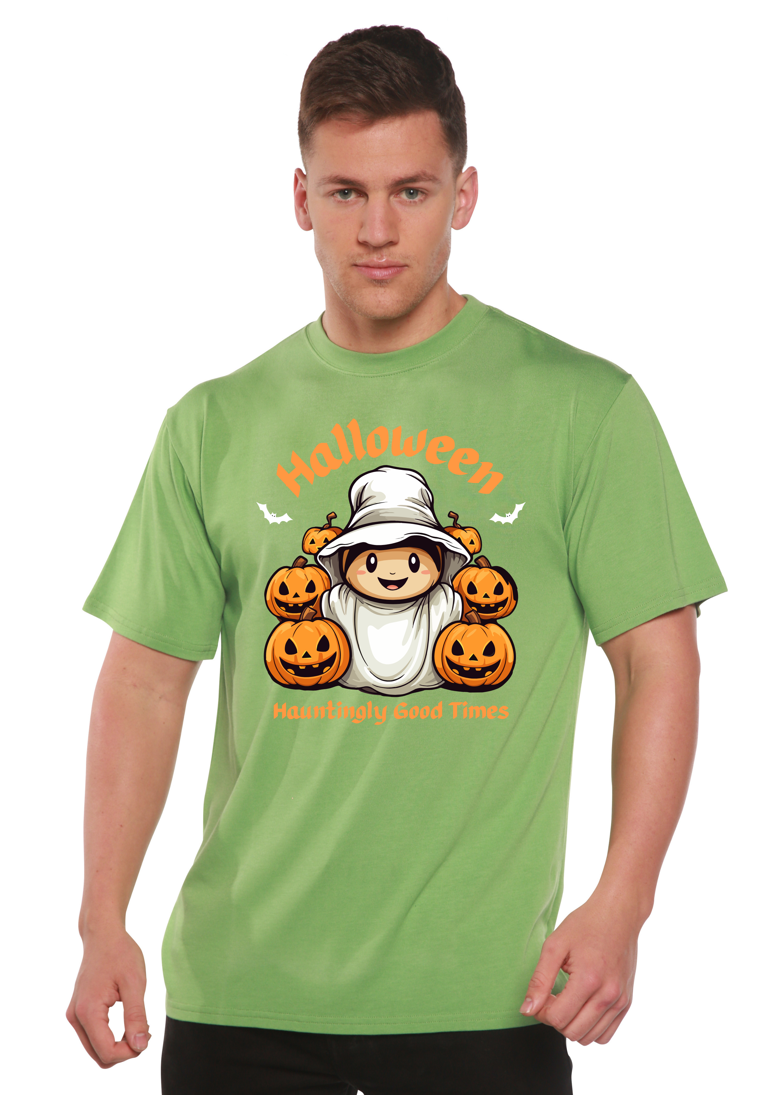 Spun Bamboo Halloween Hauntingly Good Times Day Men's Bamboo Viscose/Organic Cotton Short Sleeve Graphic T-Shirt — color deta