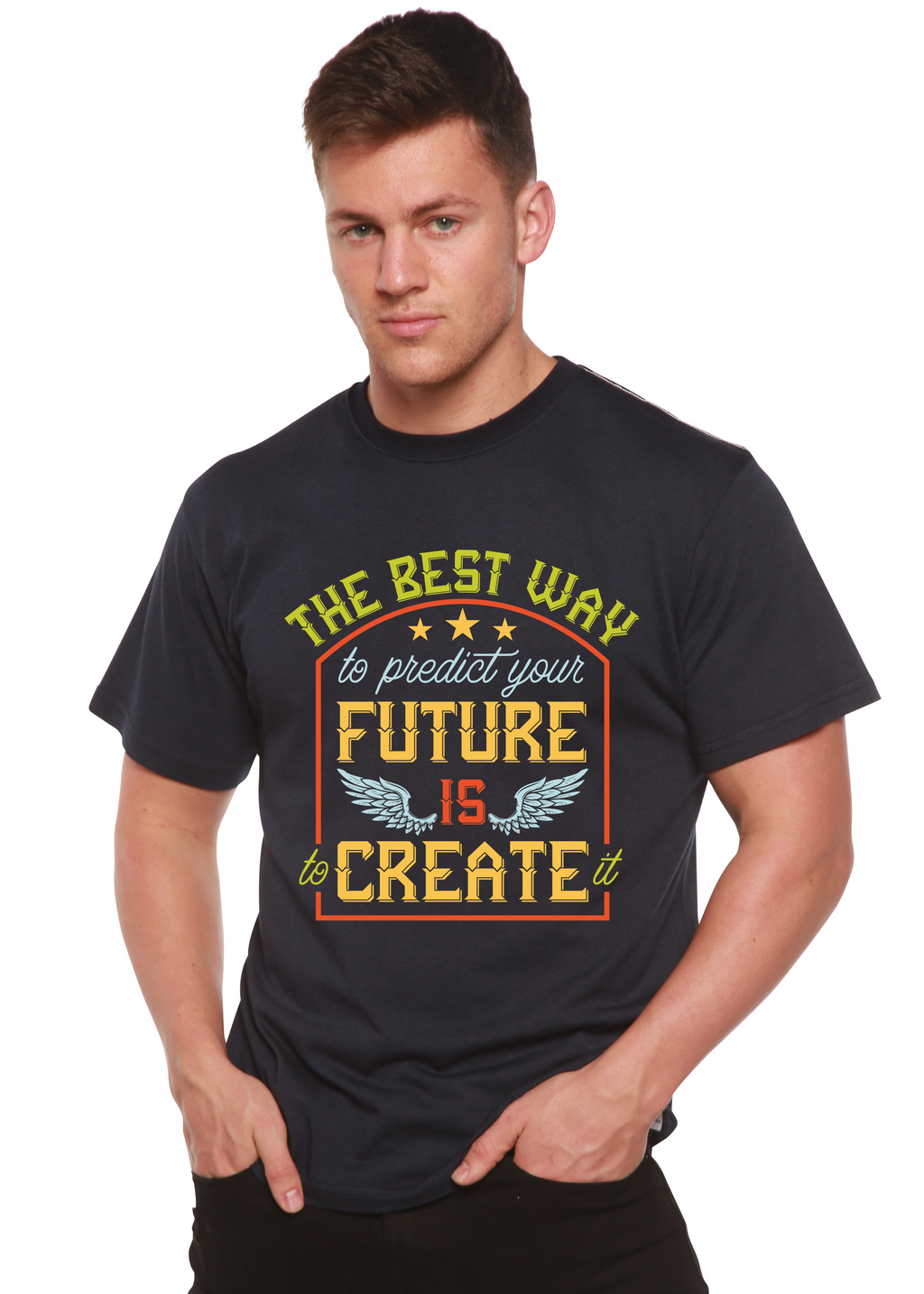 Spun Bamboo Feture is Create Spun Bamboo® Men's Bamboo Viscose/Organic Cotton Short Sleeve Graphic T-Shirt — detail close-up