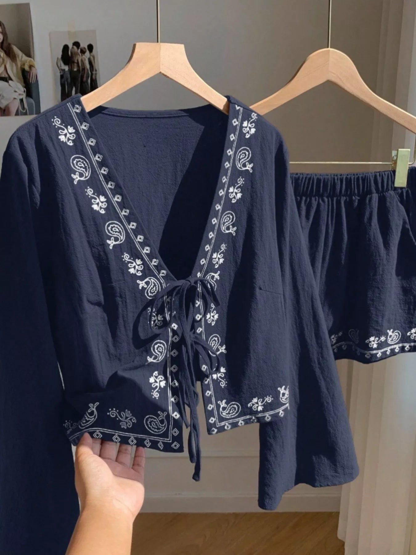 Embroidered Tie-Front Top & Shorts Set