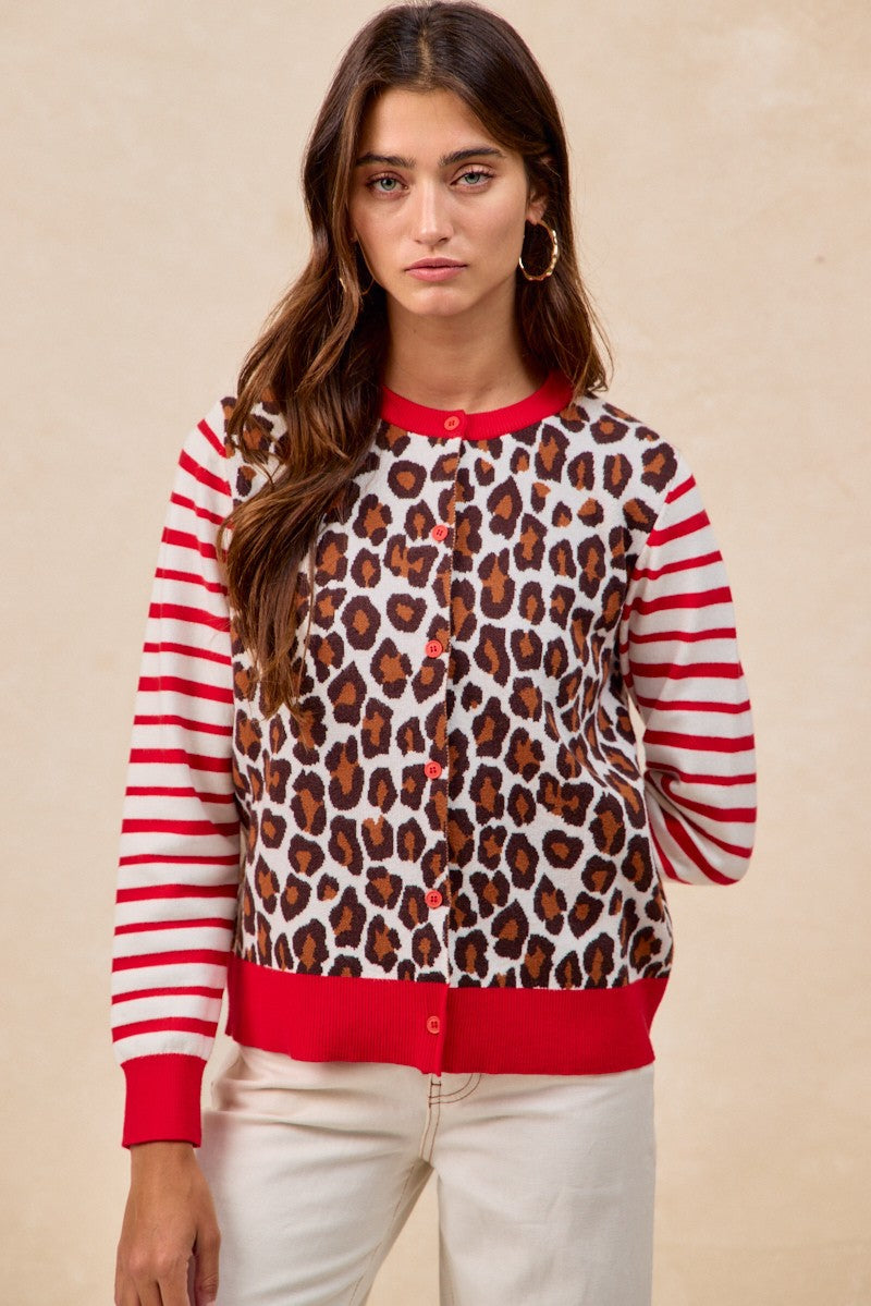 BiBi Leopard With Stripe Combo Buttoned Cardigan